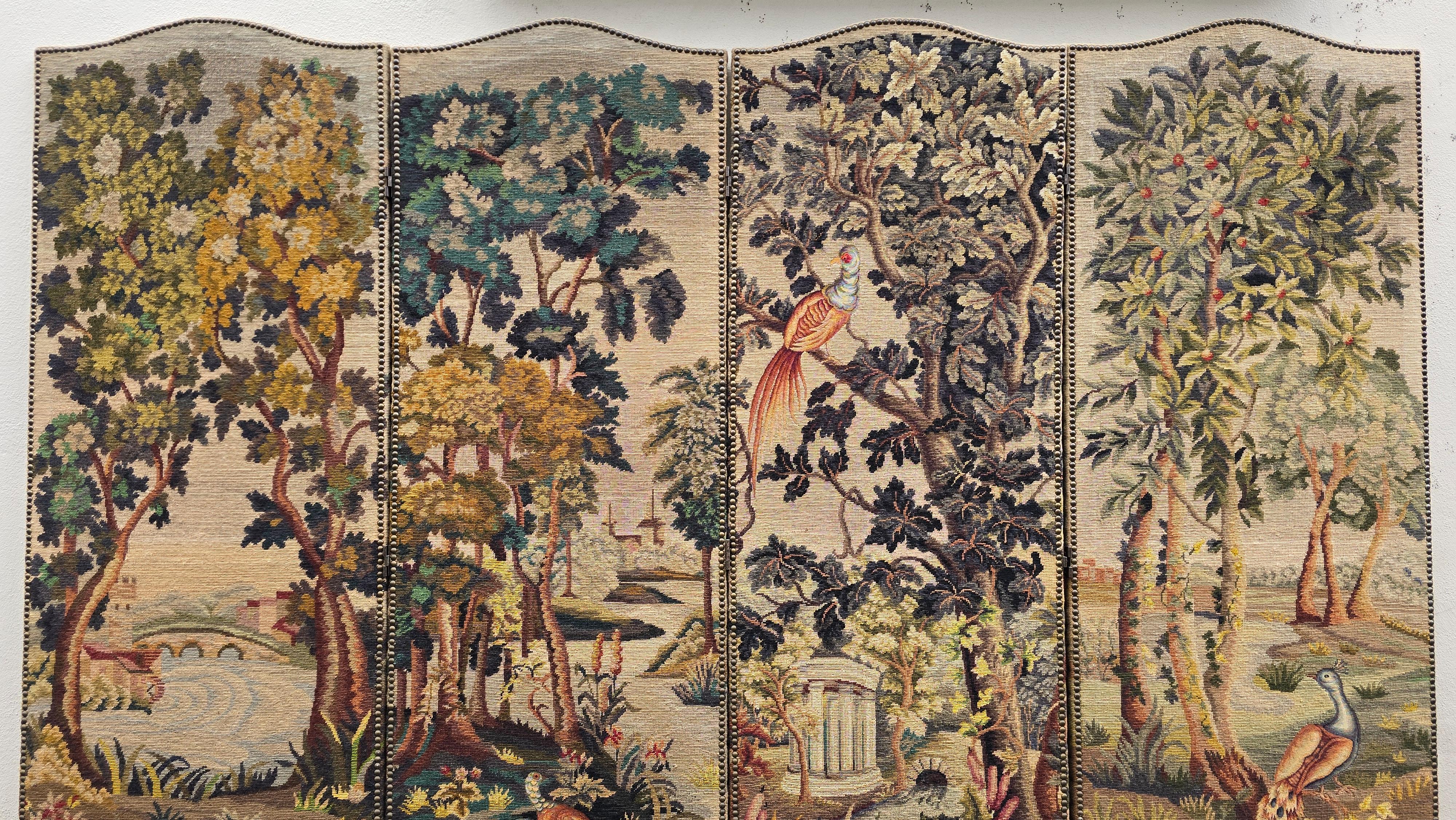 Copper Room Divider with Aubusson Tapestries Featuring Birds and Floral Motifs For Sale