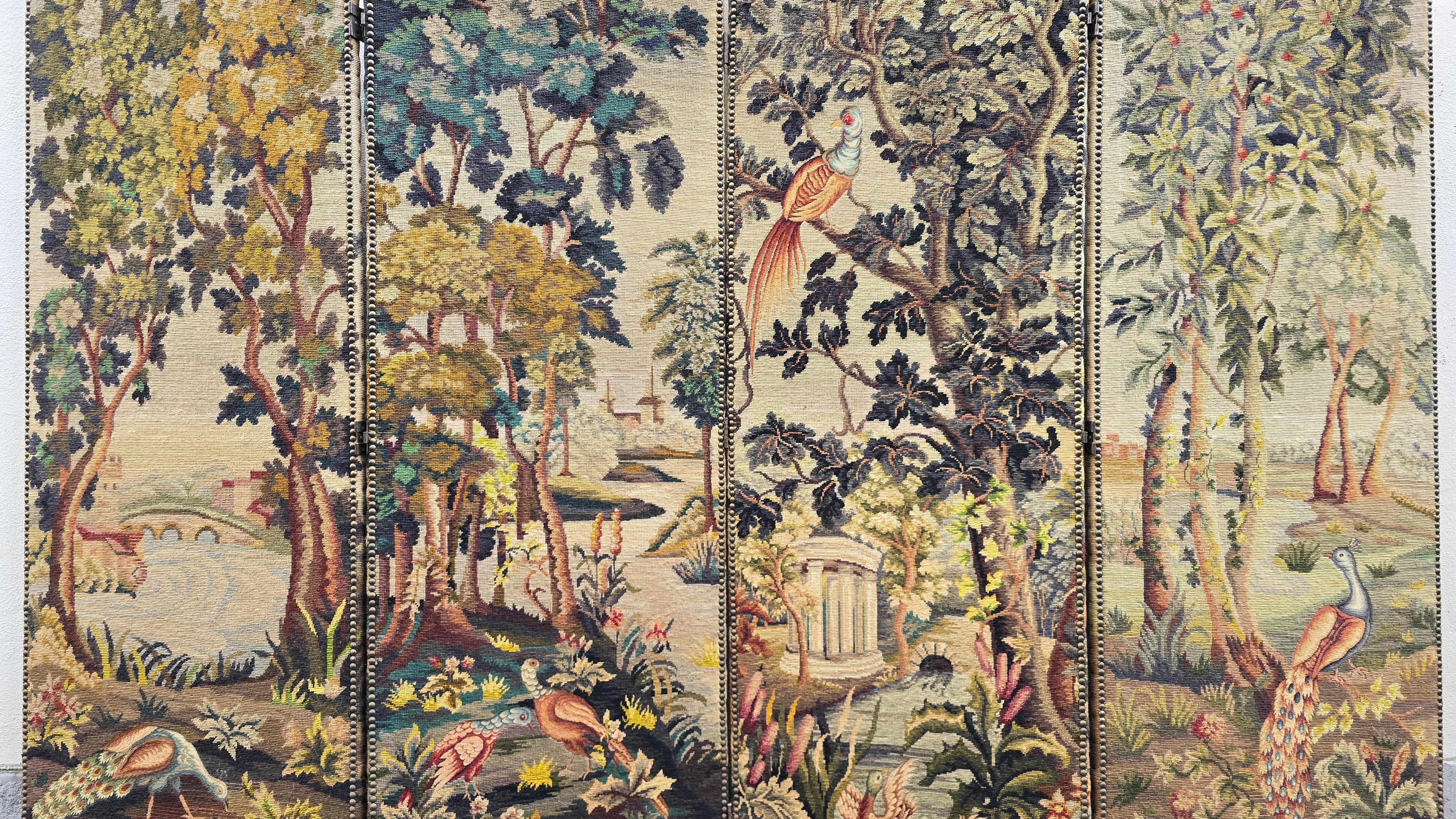 Room Divider with Aubusson Tapestries Featuring Birds and Floral Motifs For Sale 1