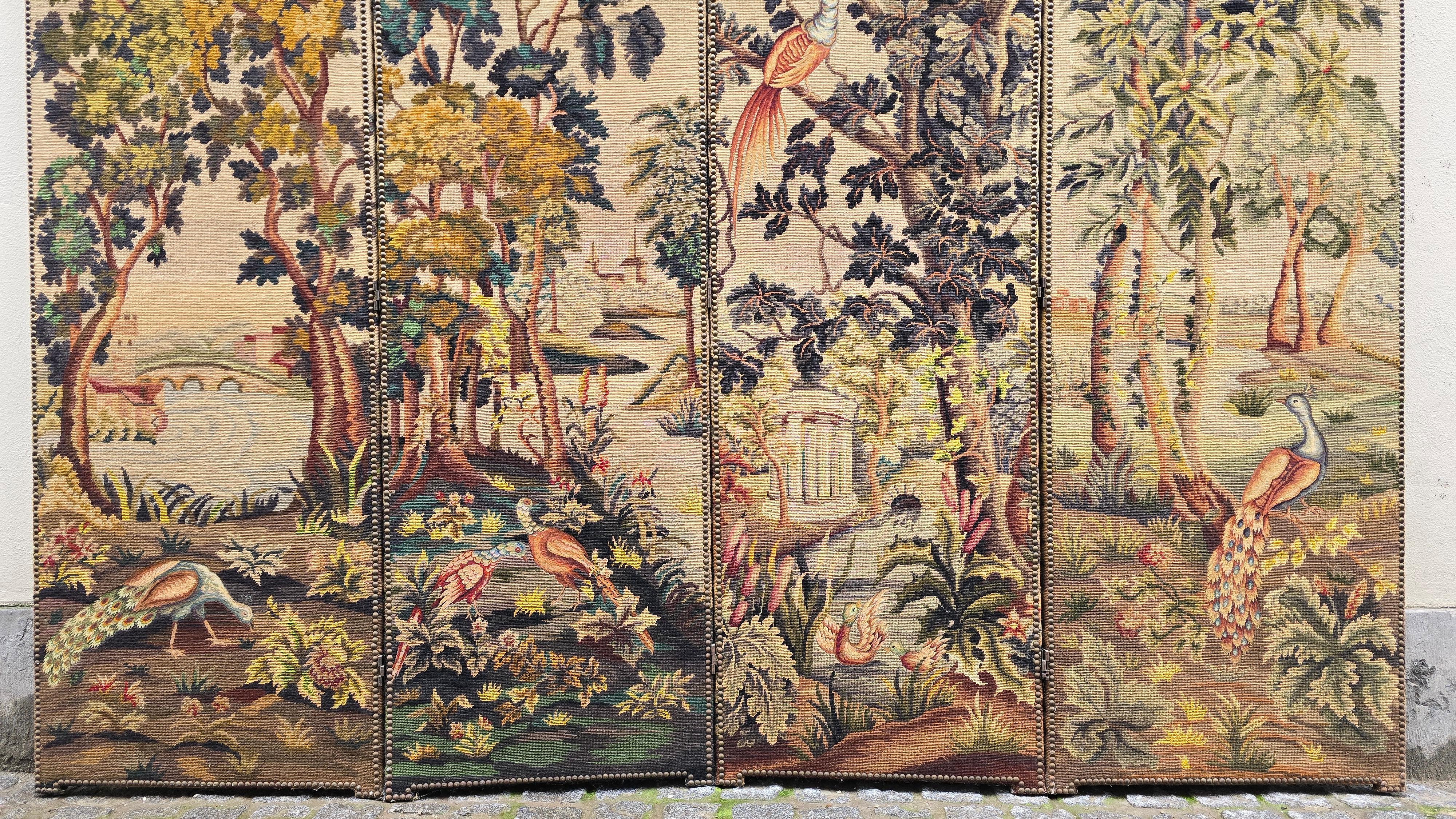 Room Divider with Aubusson Tapestries Featuring Birds and Floral Motifs For Sale 2