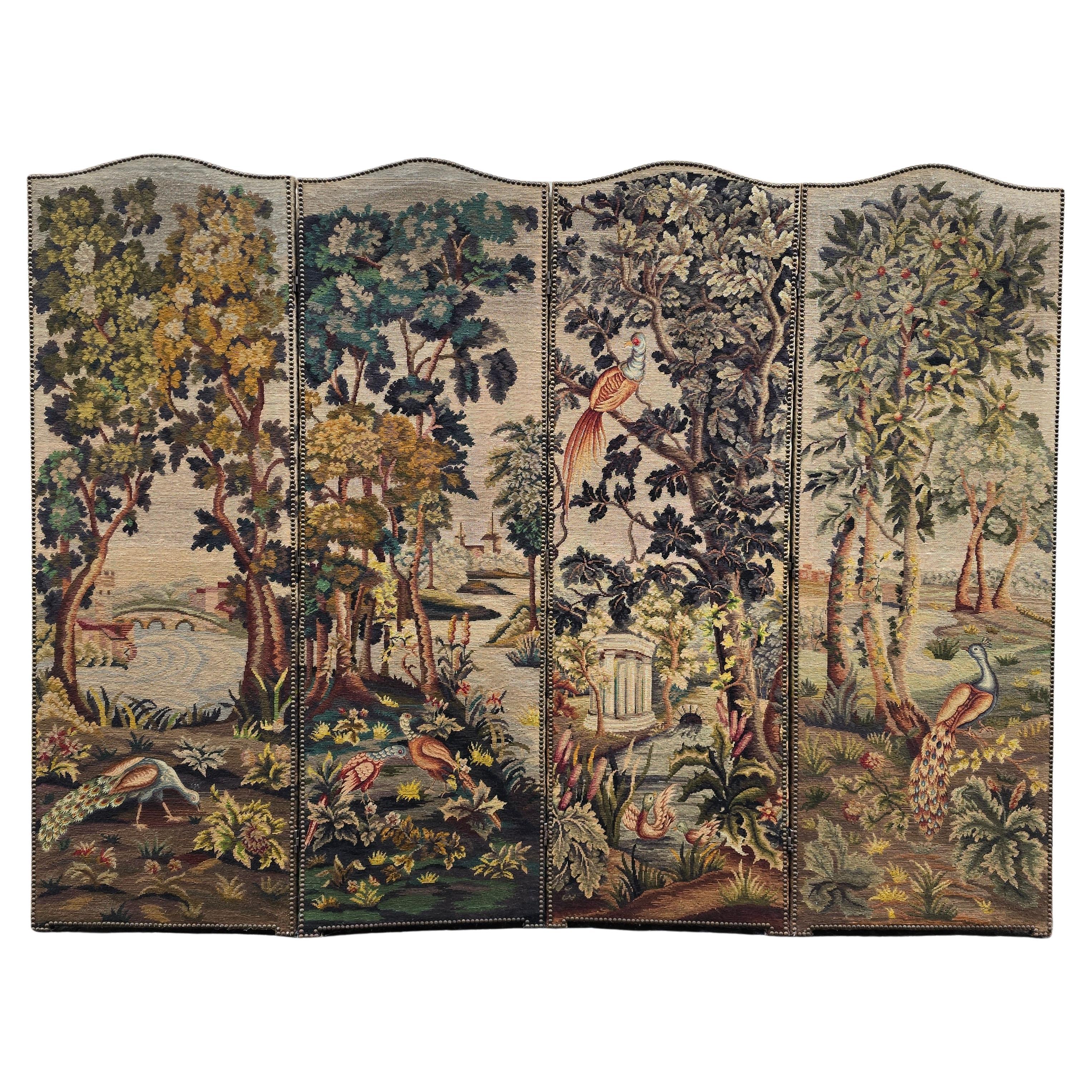 Room Divider with Aubusson Tapestries Featuring Birds and Floral Motifs For Sale