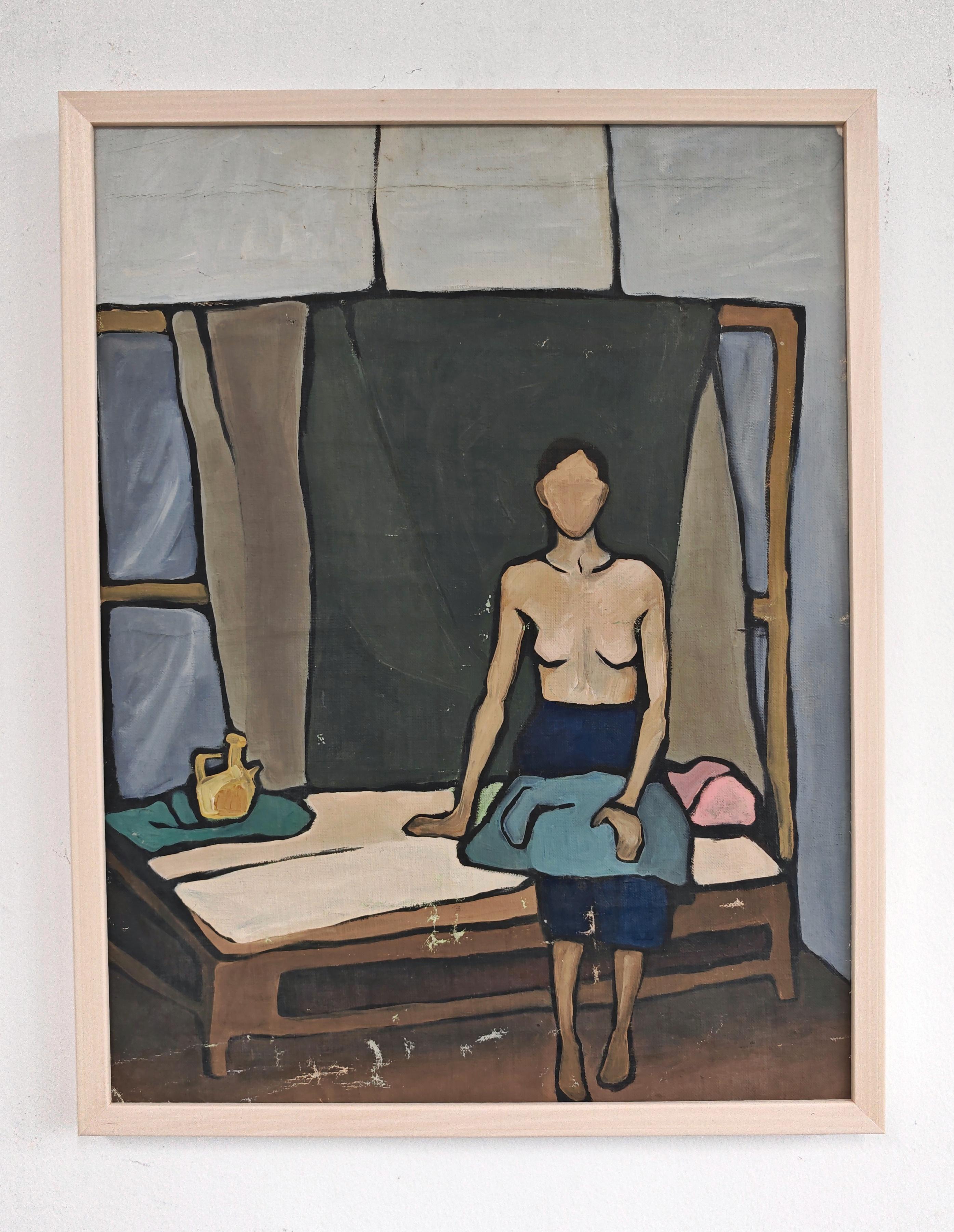 In dieser Auflistung finden Sie ein Ölgemälde auf Leinwand, das später auf Karton aufgezogen wurde, um es zu erhalten.  Es zeigt eine Frau, die auf einem Bett oder einer Bank sitzt. Der Stil verwendet kräftige, flache Farbflächen, starke Umrisse und