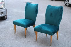 Room Set Pair of Chairs Green Velvet Ashwood Italian Design Midcentury, 1950s