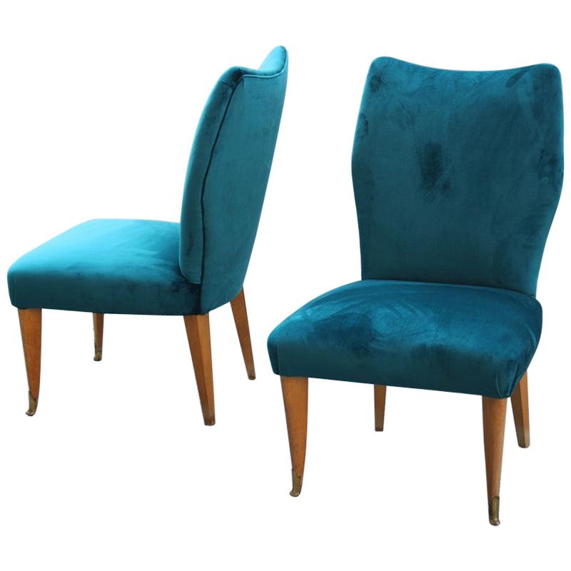 Room Set Pair of Chairs Green Velvet Ashwood Italian Design Midcentury, 1950s