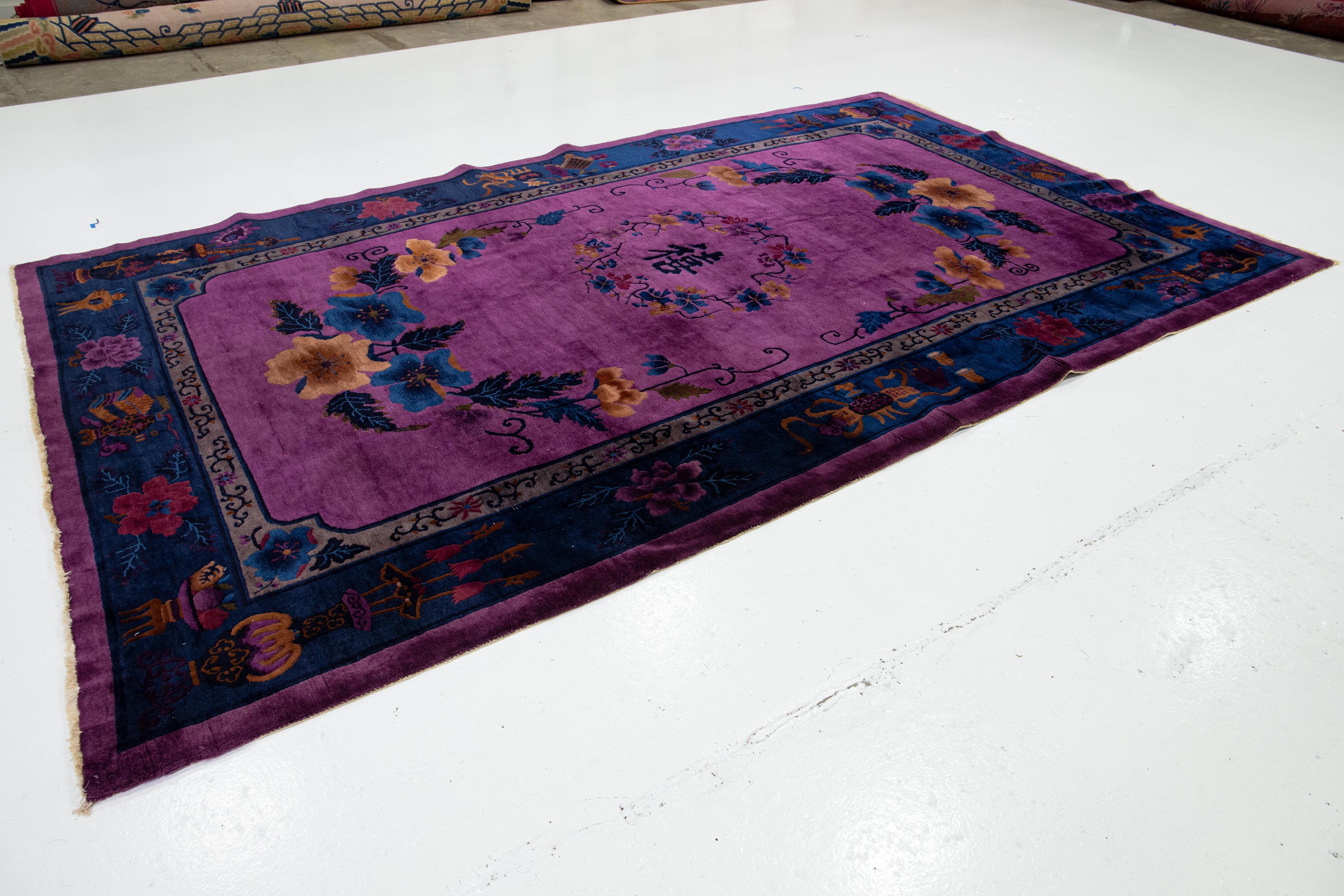 Chinese Export Room Size Antique Art Deco Chinese Wool Rug Handmade, Floral Design In Purple For Sale