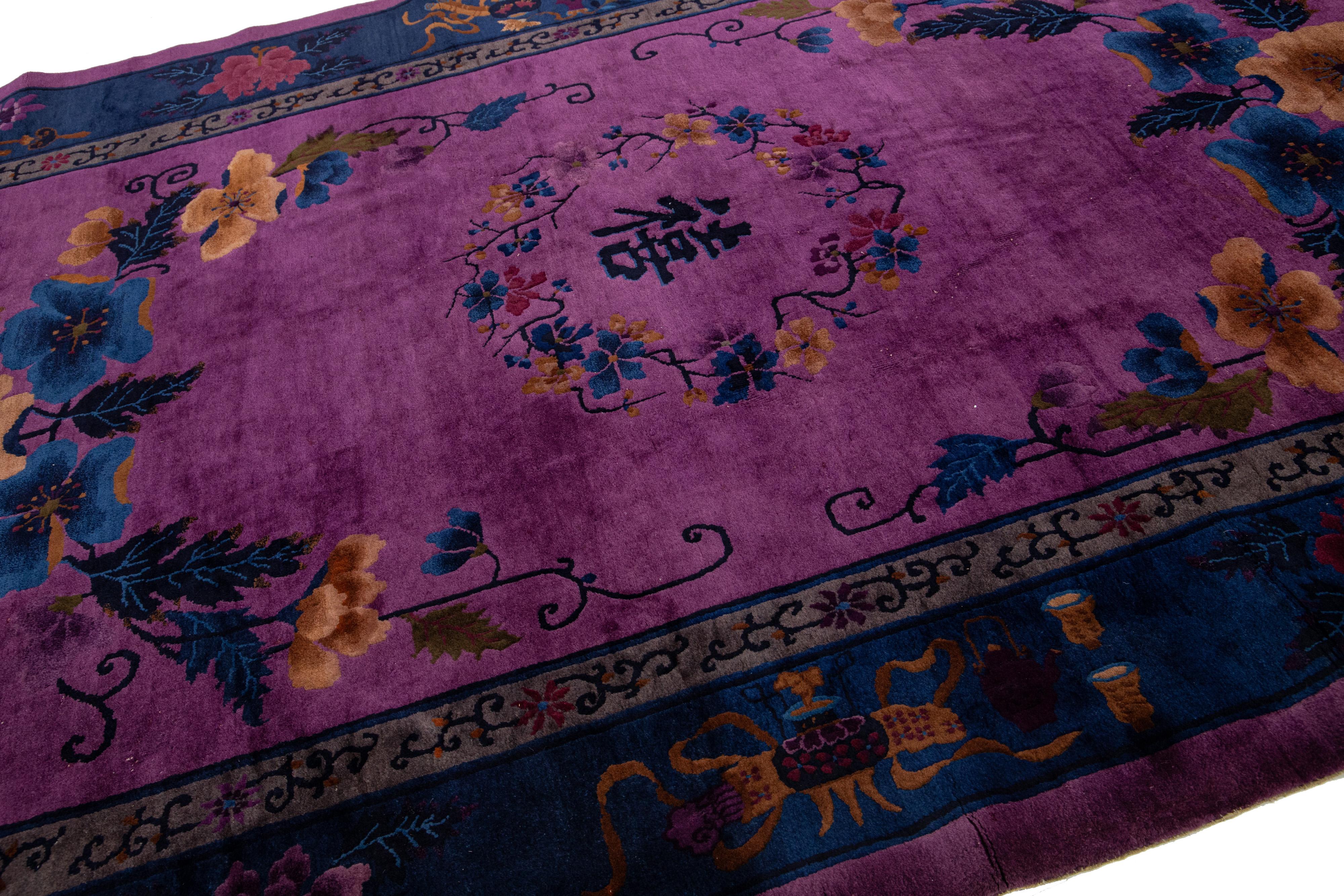 Hand-Knotted Room Size Antique Art Deco Chinese Wool Rug Handmade, Floral Design In Purple For Sale