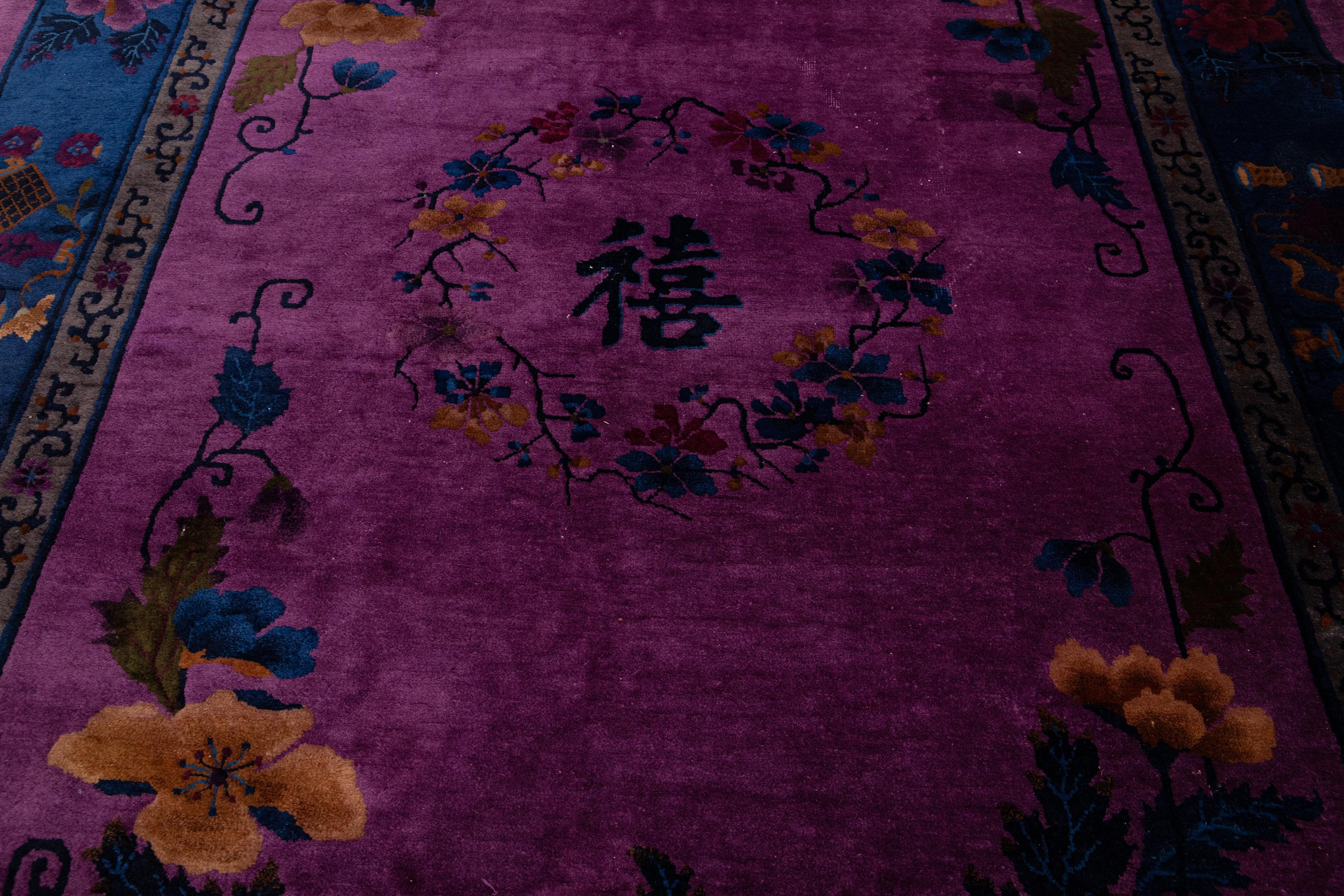 Room Size Antique Art Deco Chinese Wool Rug Handmade, Floral Design In Purple For Sale 1