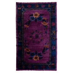 Room Size Vintage Art Deco Chinese Wool Rug Handmade, Floral Design In Purple