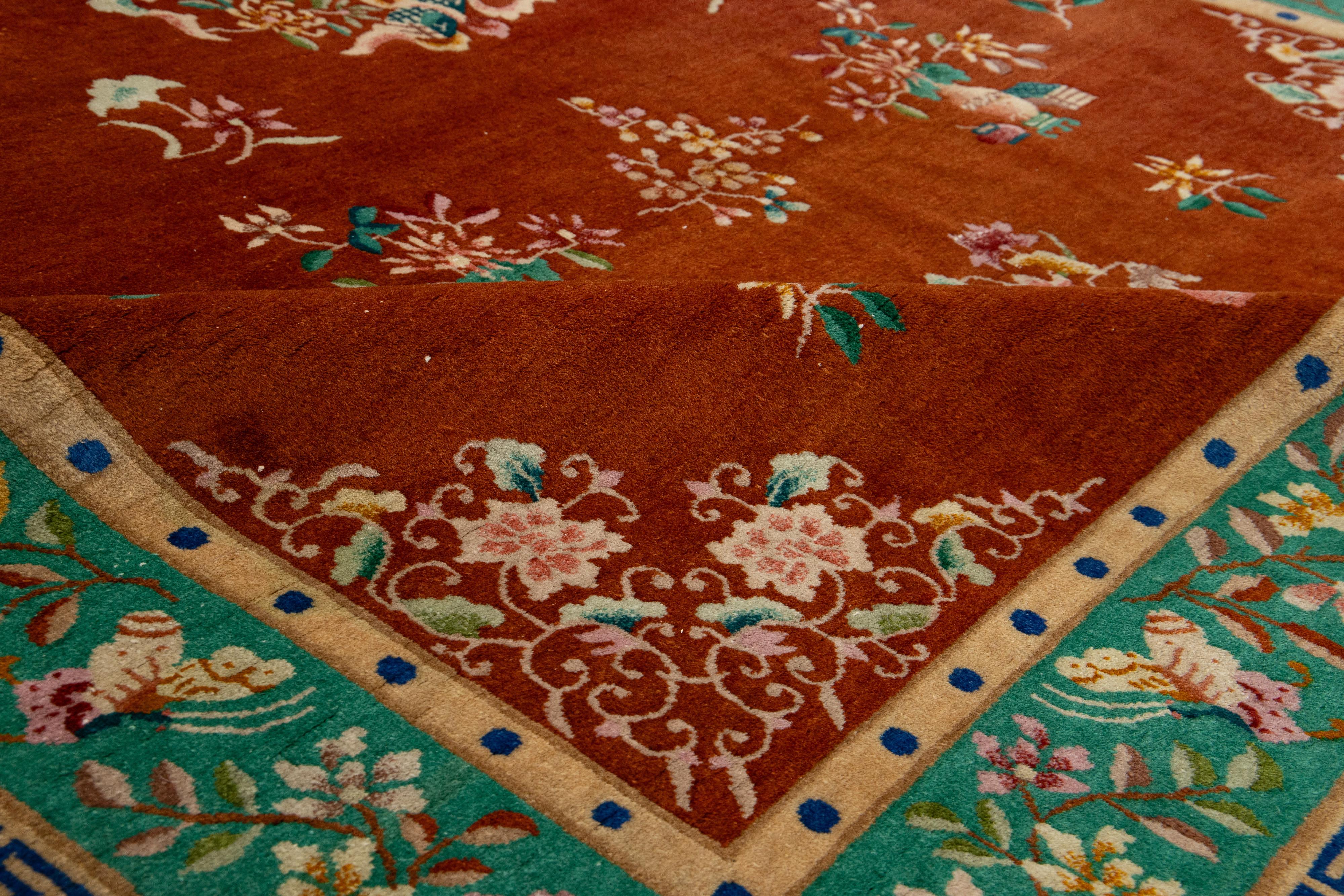 Tamaño de la habitación Alfombra china antigua Art Decó de lana hecha a mano en color terracota oscuro en venta 2