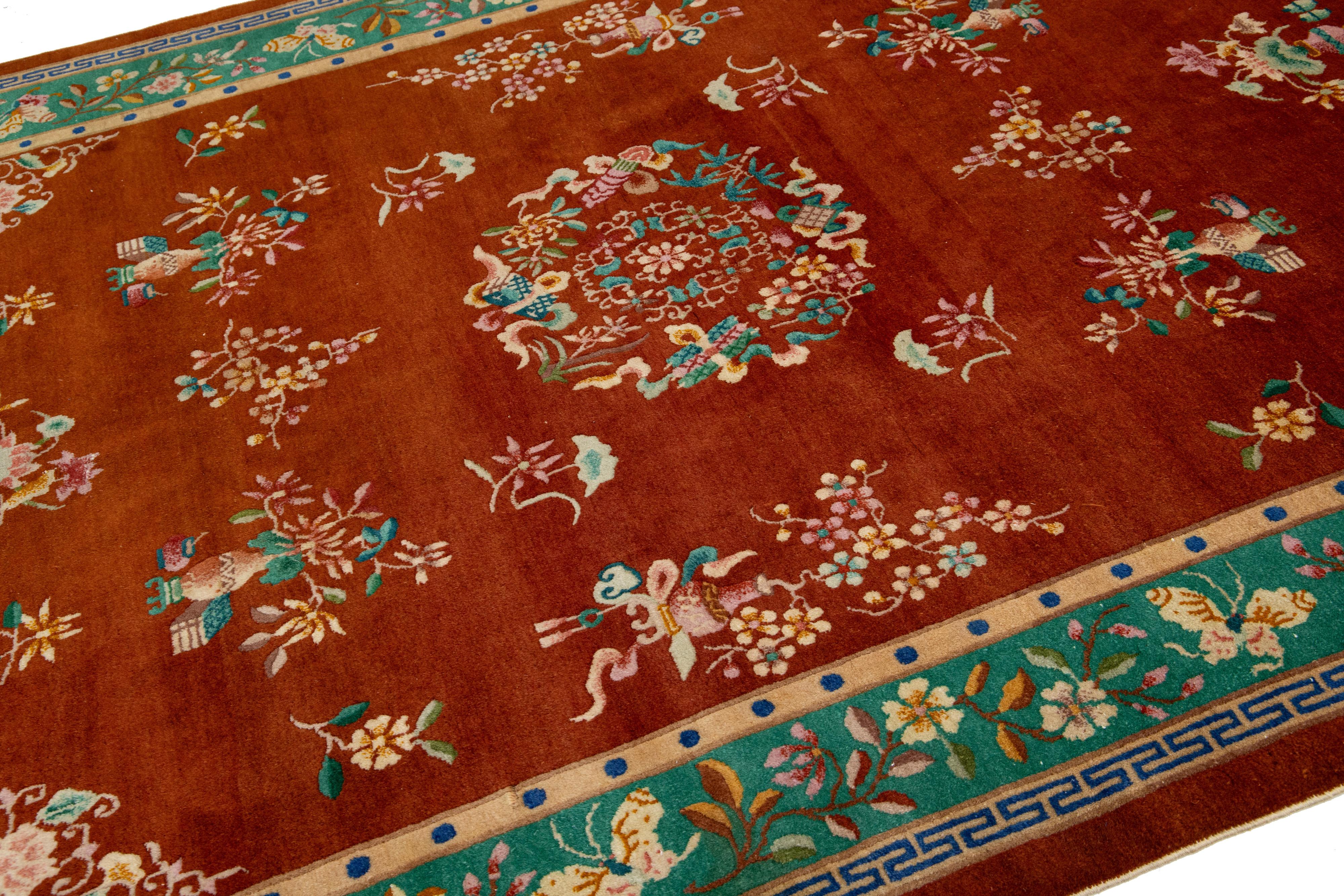 Tamaño de la habitación Alfombra china antigua Art Decó de lana hecha a mano en color terracota oscuro Chino en venta