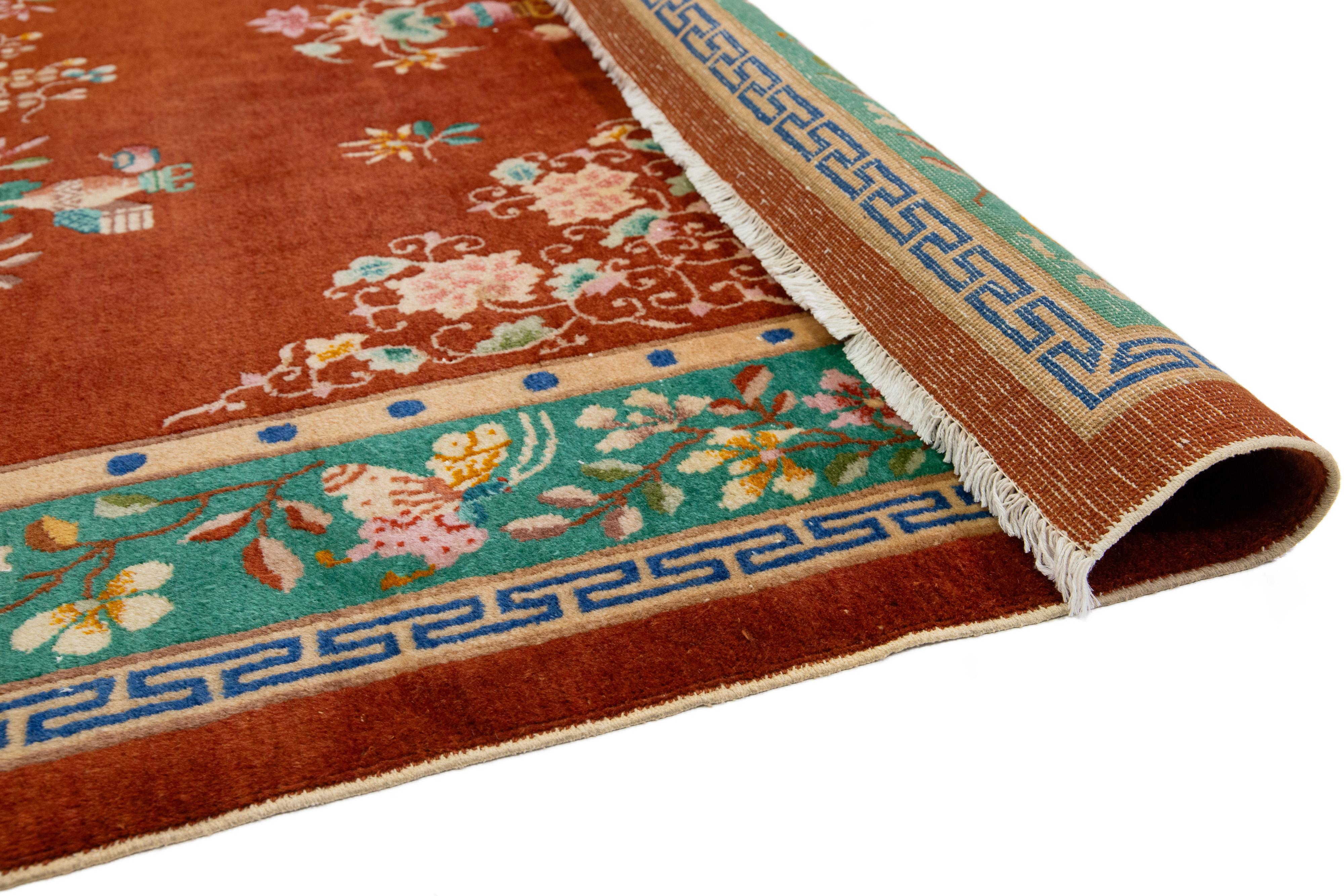 Tamaño de la habitación Alfombra china antigua Art Decó de lana hecha a mano en color terracota oscuro Anudado a mano en venta