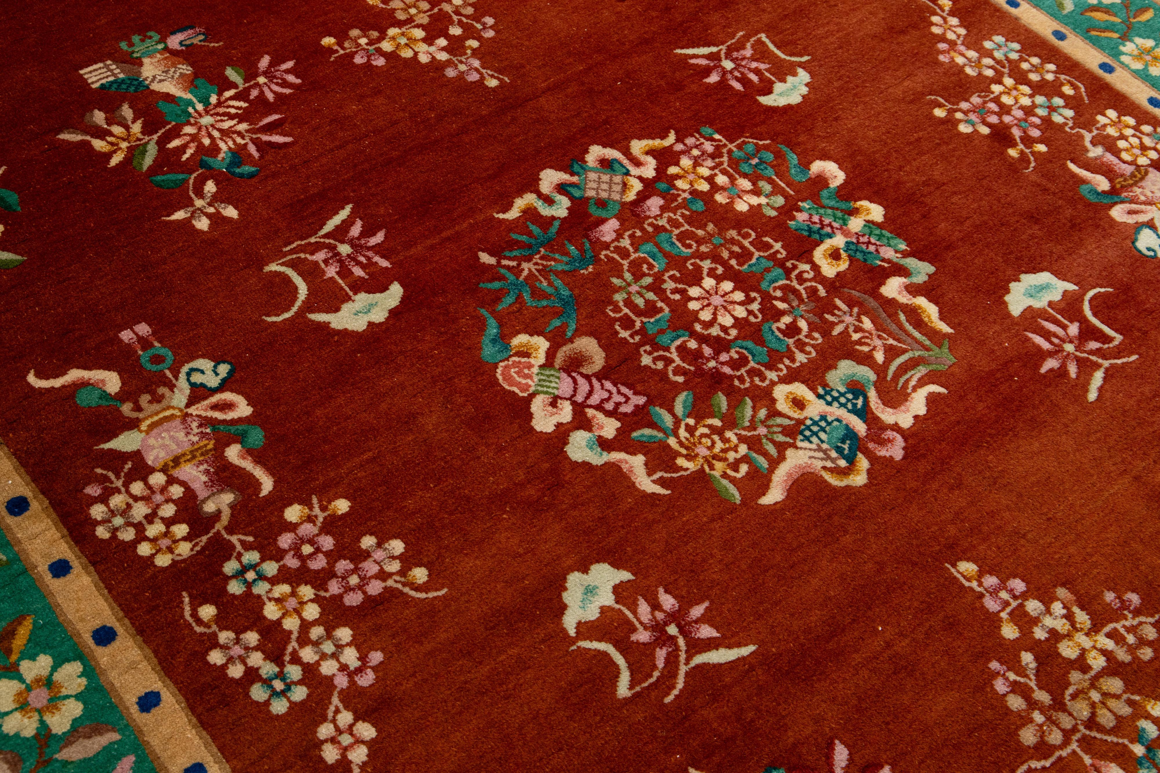 Tamaño de la habitación Alfombra china antigua Art Decó de lana hecha a mano en color terracota oscuro en venta 1