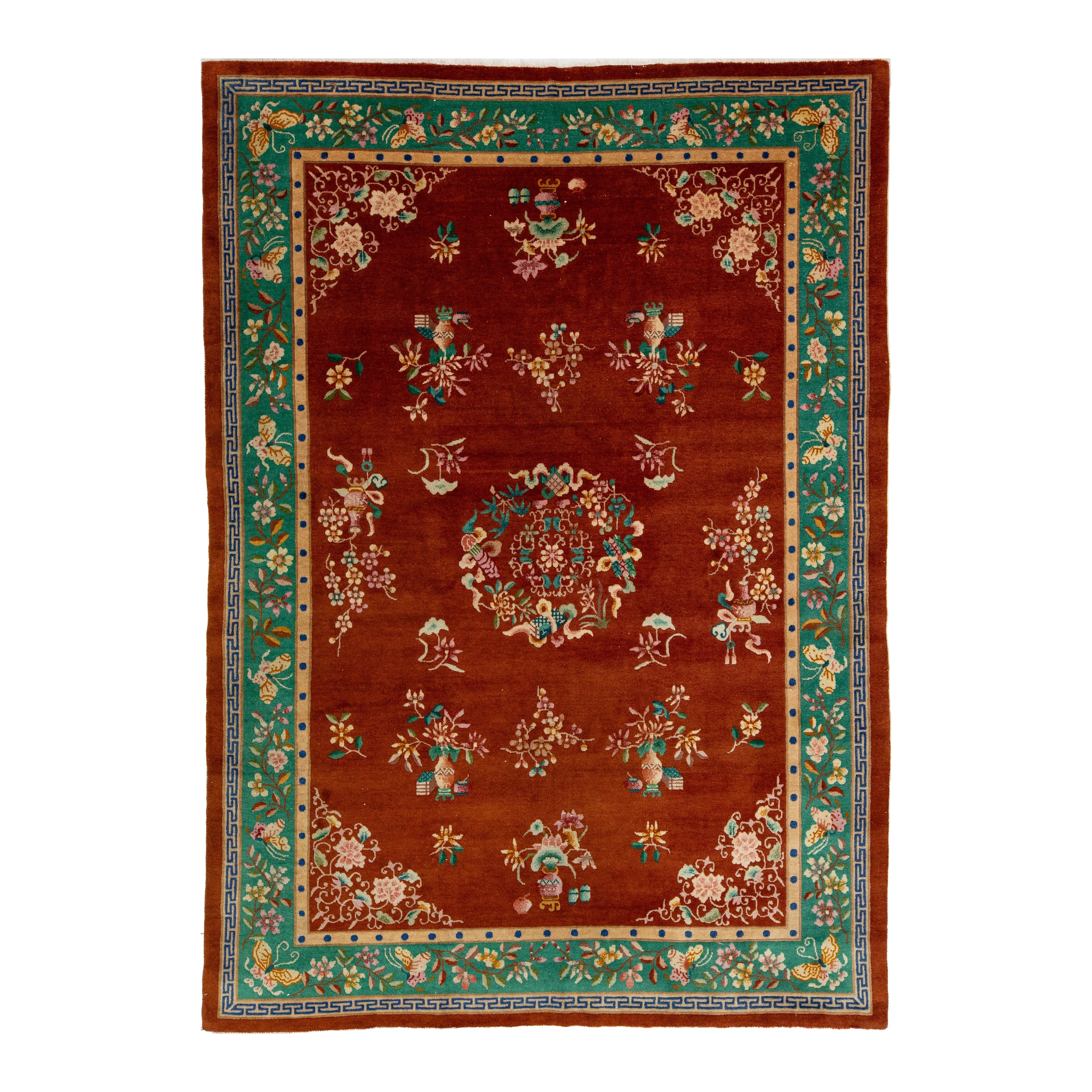 Tapis Art Déco chinois fait à la main en terre cuite foncée, de taille normale en vente