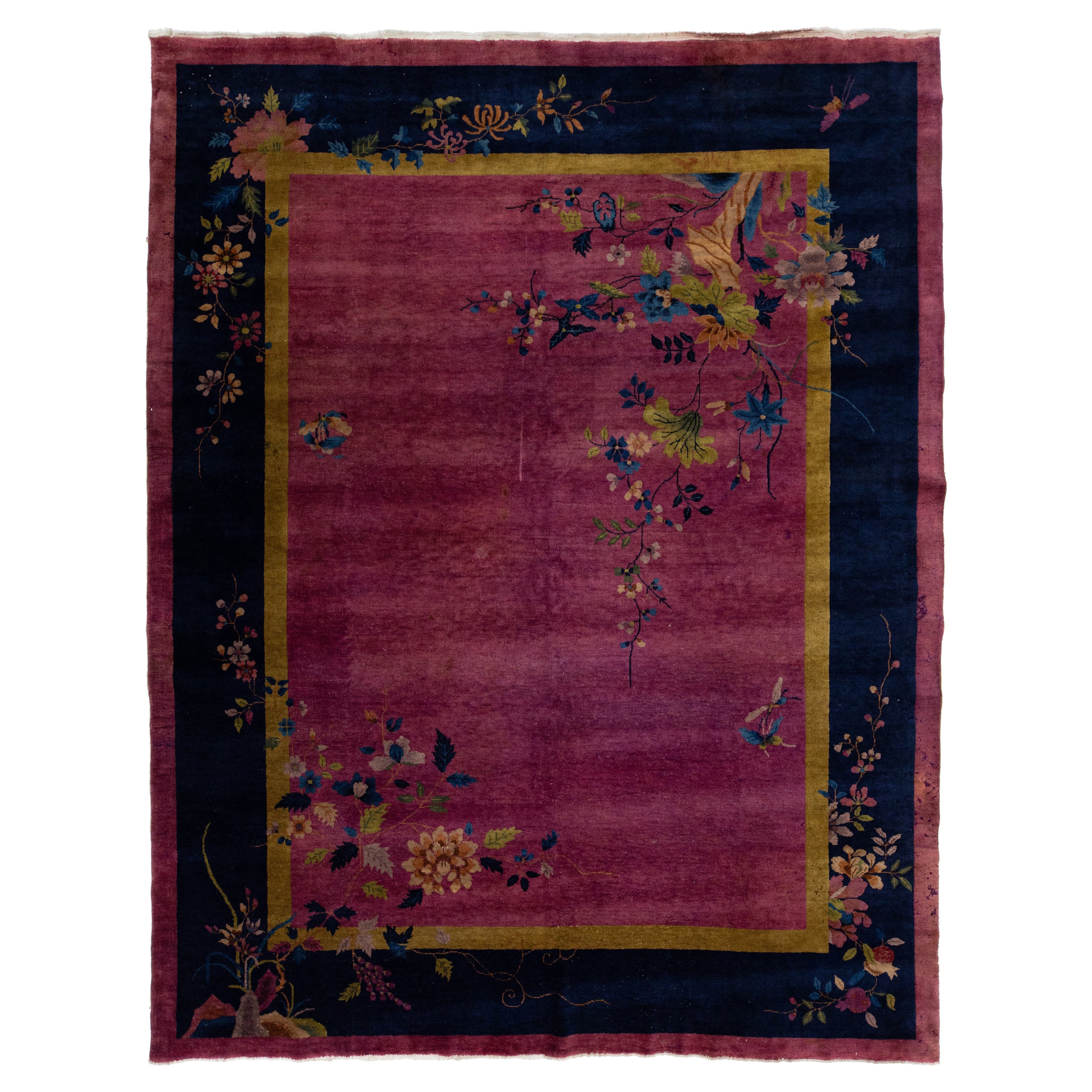Tapis Art Déco chinois ancien en laine fait à la main en couleur bourgogne