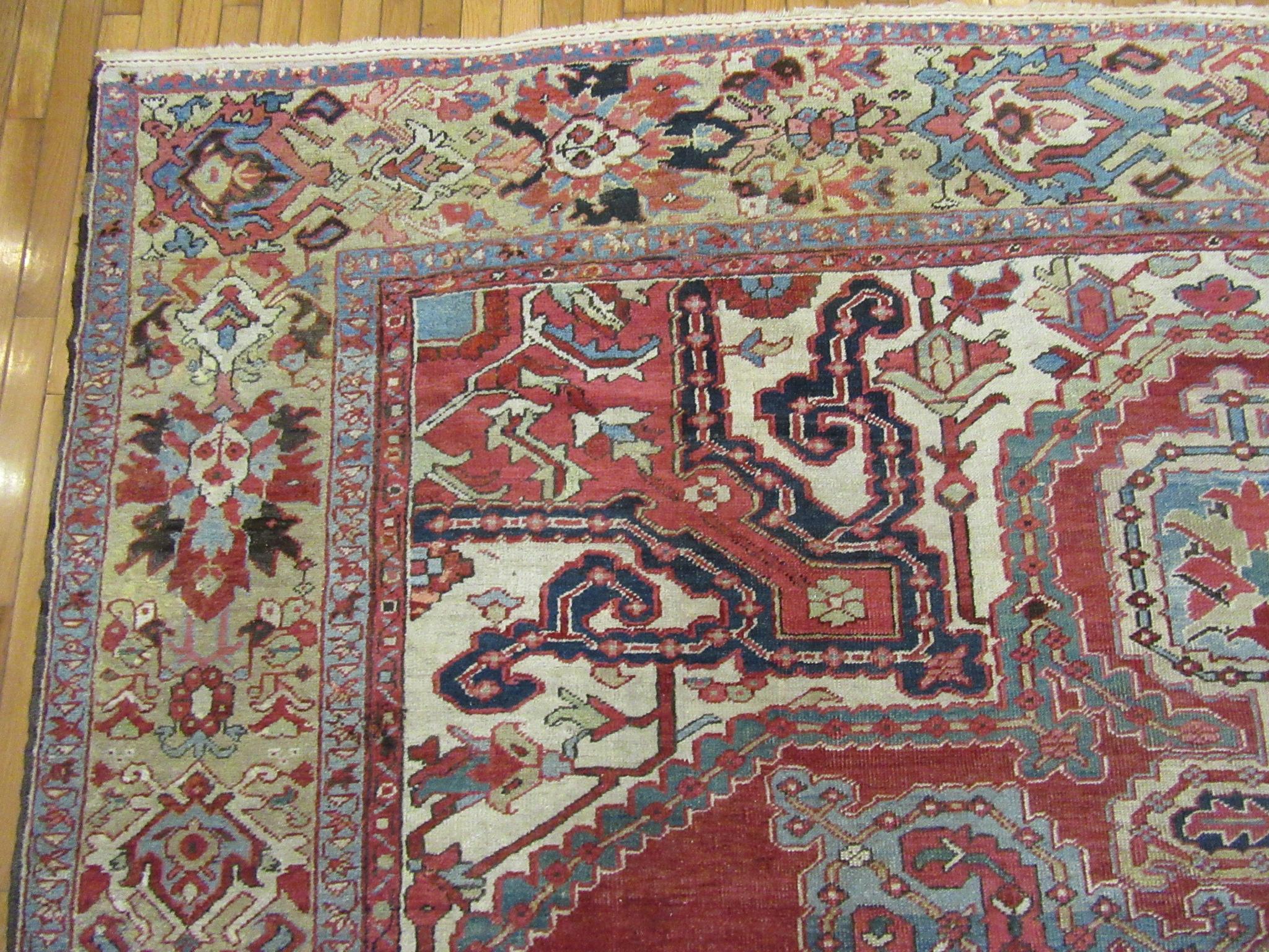 Room Size Antique Hand Knotted Wool Red Persian Heriz Rug For Sale 4