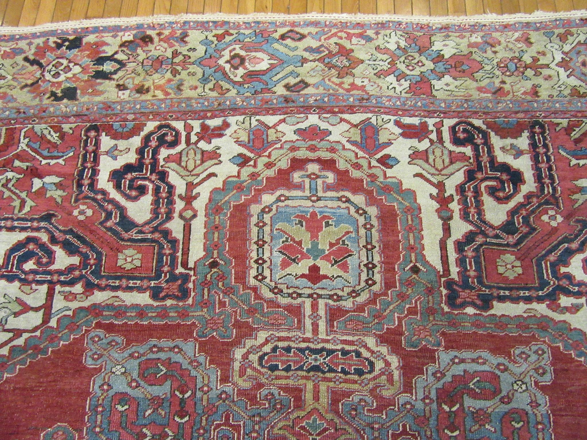 Room Size Antique Hand Knotted Wool Red Persian Heriz Rug For Sale 5