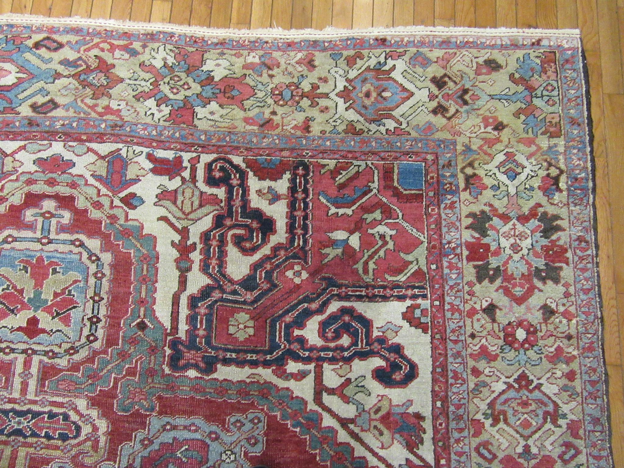Room Size Antique Hand Knotted Wool Red Persian Heriz Rug For Sale 6