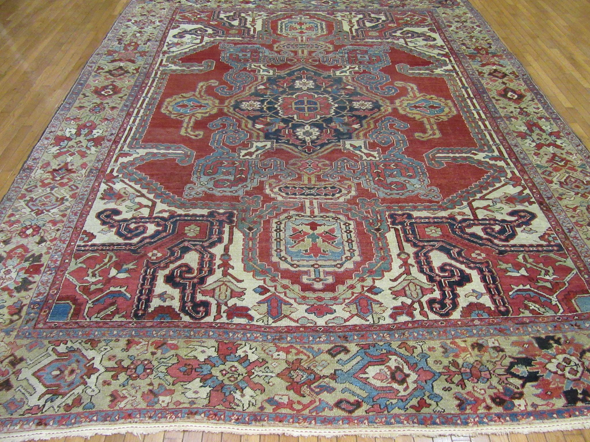 Room Size Antique Hand Knotted Wool Red Persian Heriz Rug For Sale 7