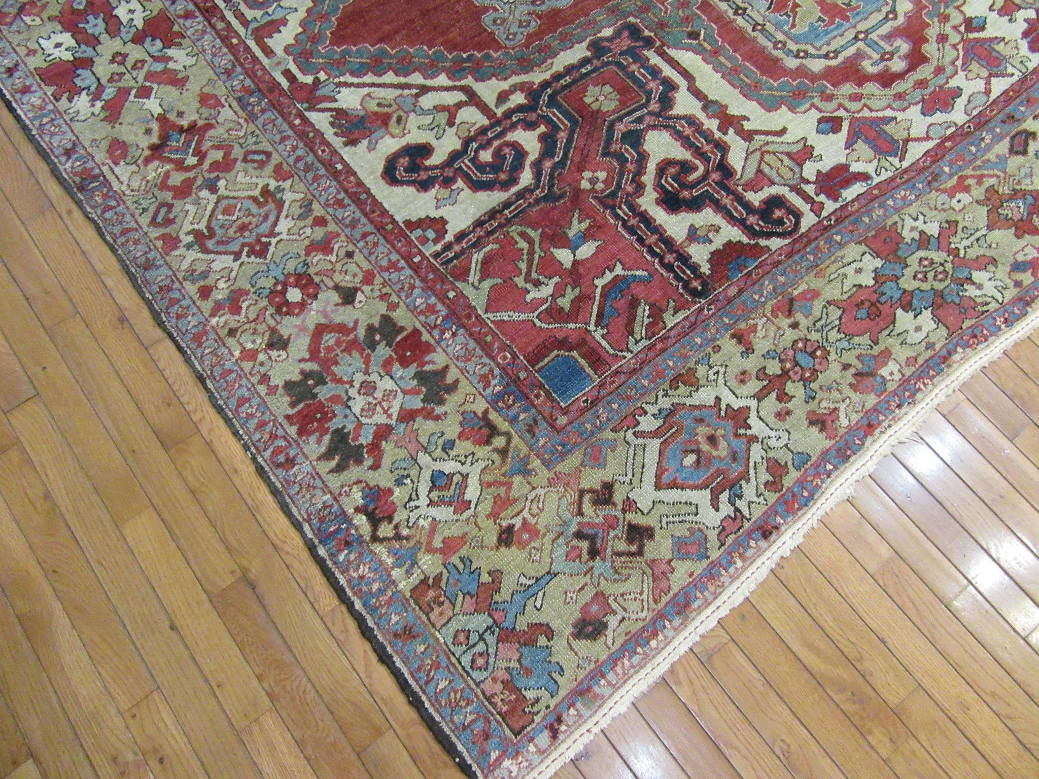 Room Size Antique Hand Knotted Wool Red Persian Heriz Rug For Sale 8