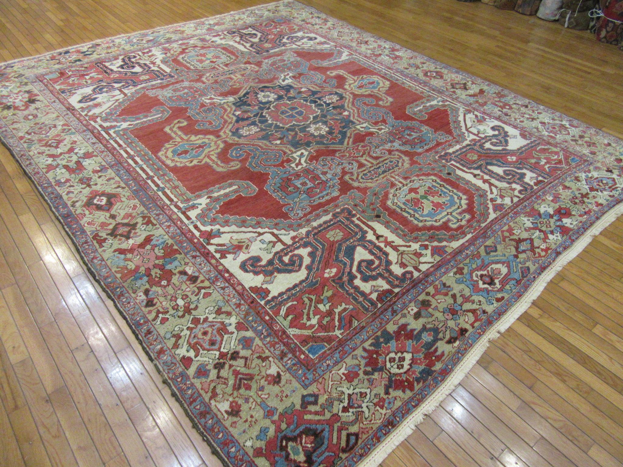 Room Size Antique Hand Knotted Wool Red Persian Heriz Rug For Sale 9