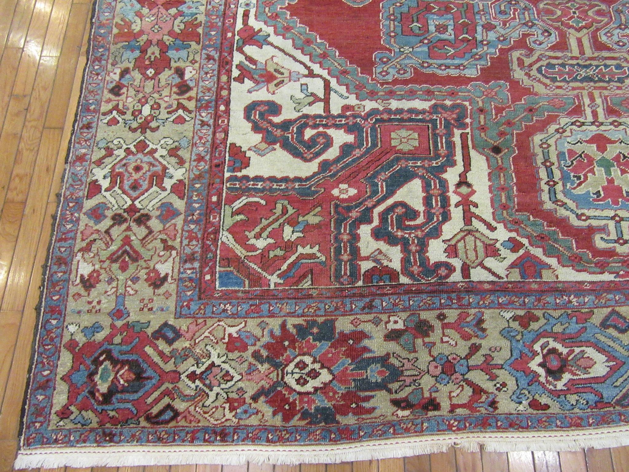 Heriz Serapi Room Size Antique Hand Knotted Wool Red Persian Heriz Rug For Sale