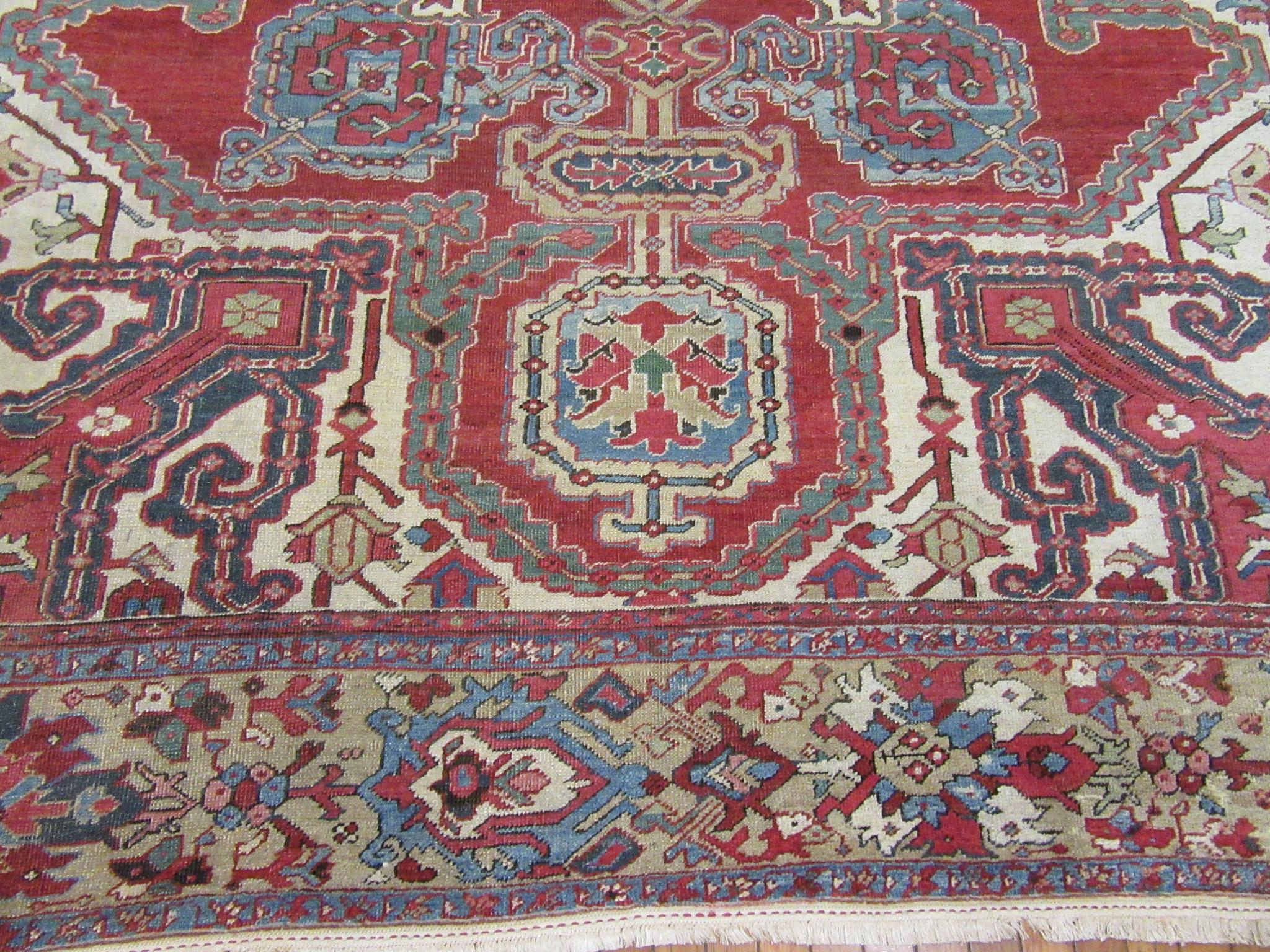 Hand-Knotted Room Size Antique Hand Knotted Wool Red Persian Heriz Rug For Sale