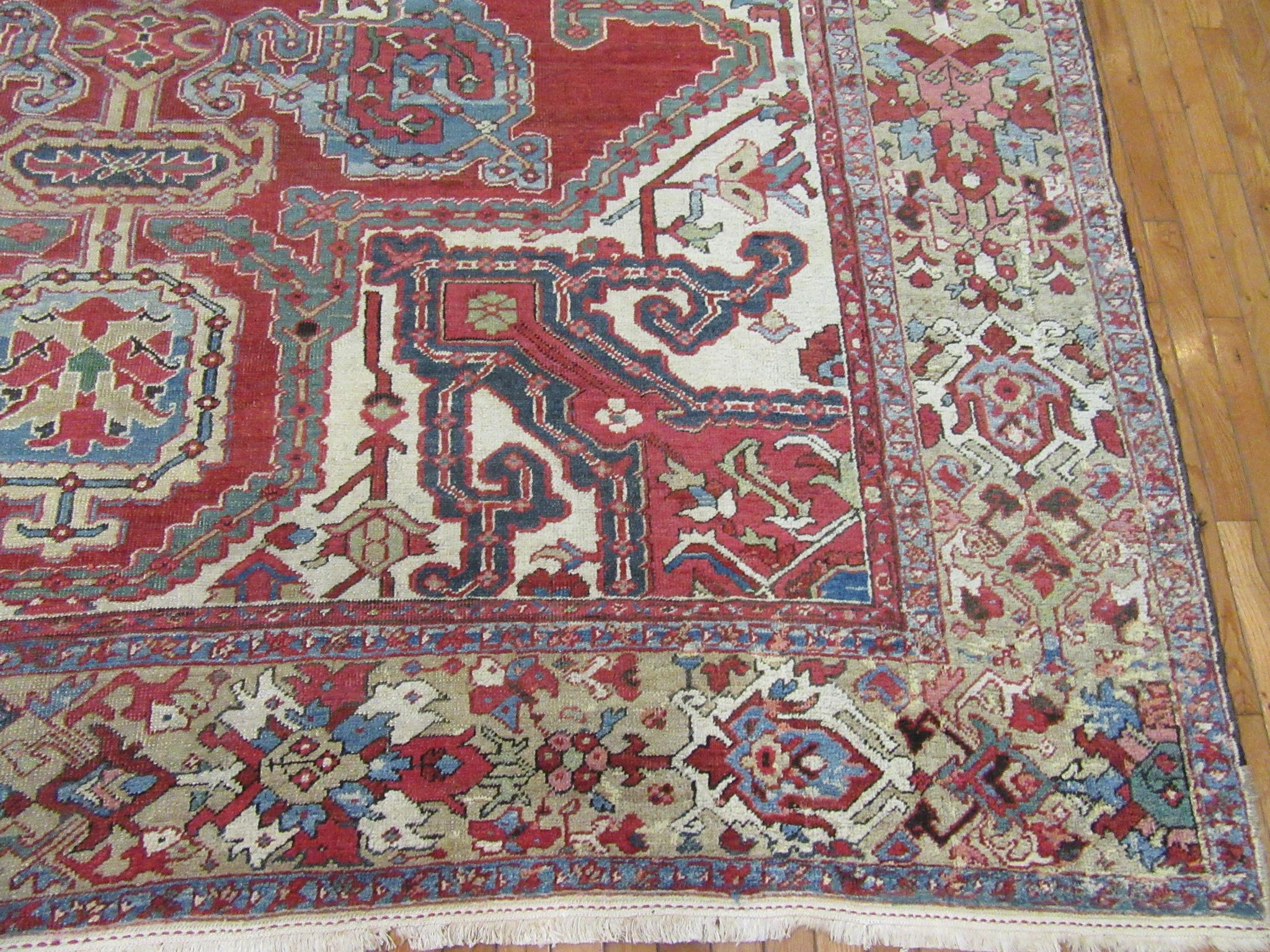 Room Size Antique Hand Knotted Wool Red Persian Heriz Rug In Good Condition For Sale In Atlanta, GA