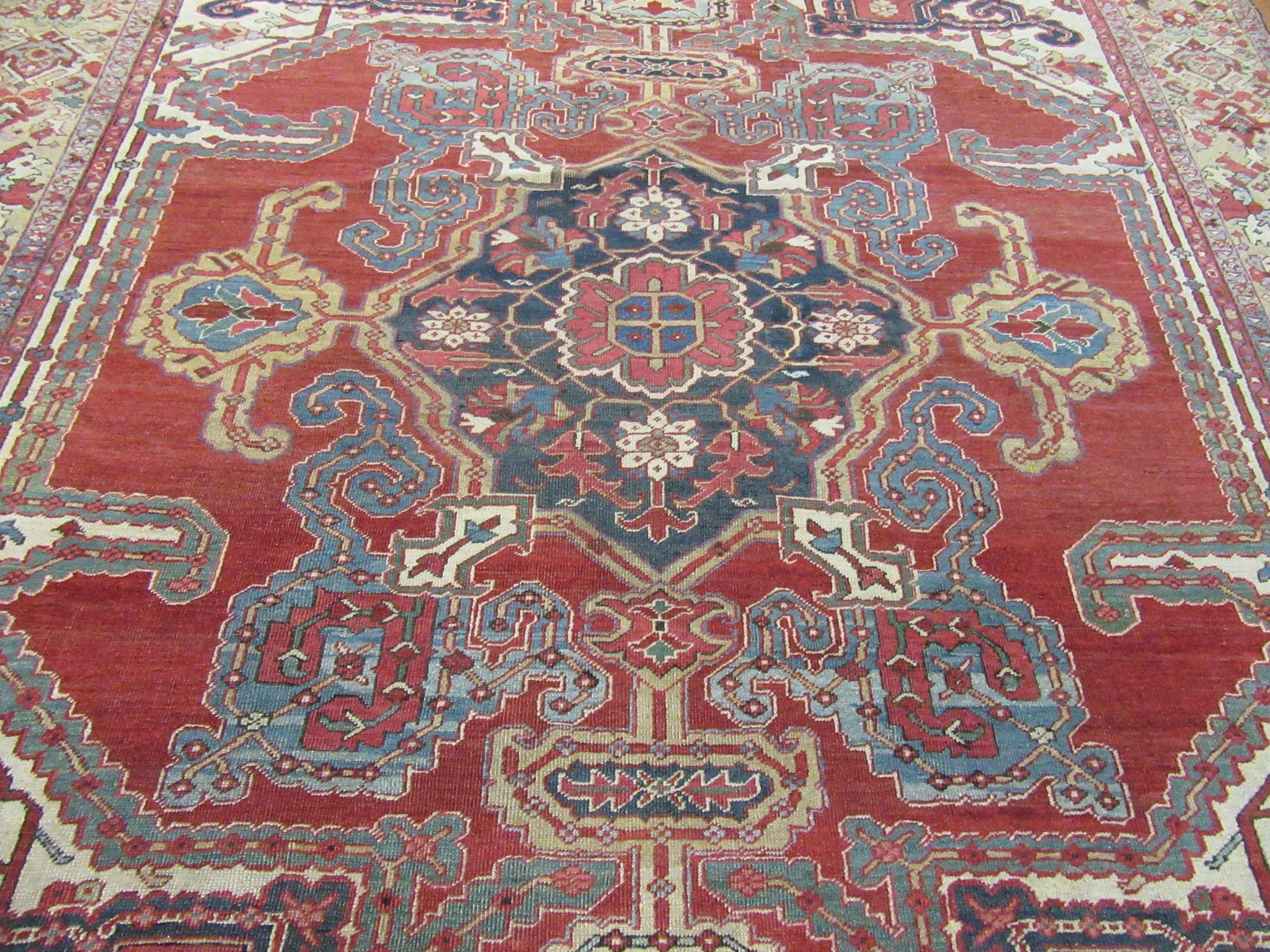 Room Size Antique Hand Knotted Wool Red Persian Heriz Rug For Sale 1