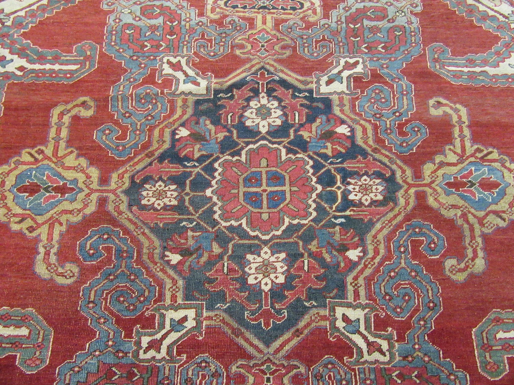 Room Size Antique Hand Knotted Wool Red Persian Heriz Rug For Sale 2