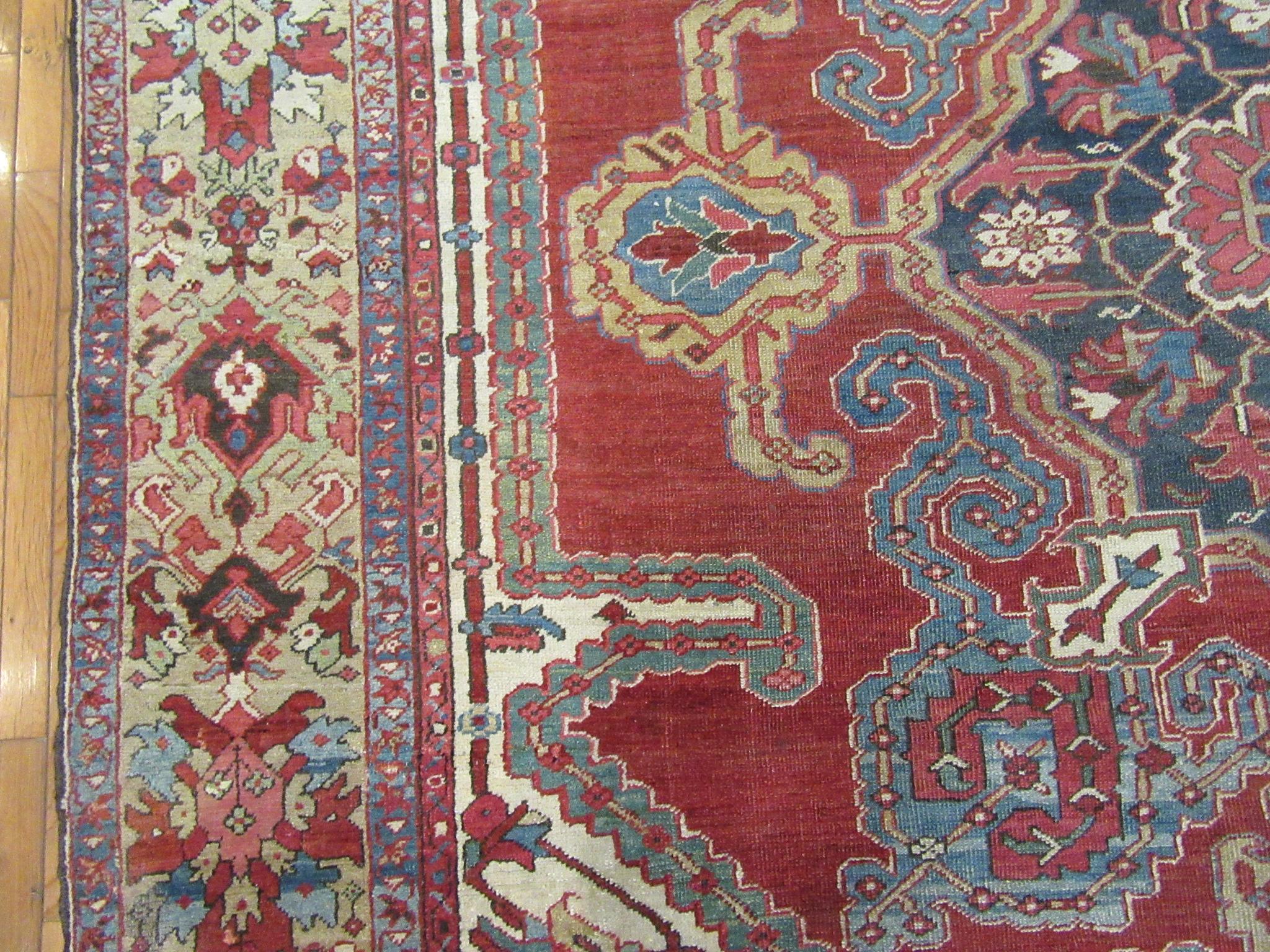 Room Size Antique Hand Knotted Wool Red Persian Heriz Rug For Sale 3