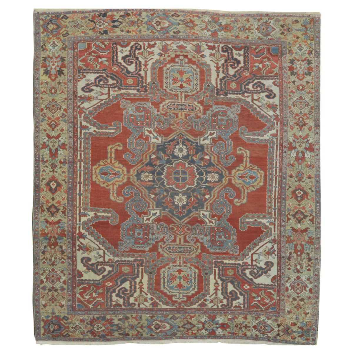 Room Size Antique Hand Knotted Wool Red Persian Heriz Rug For Sale