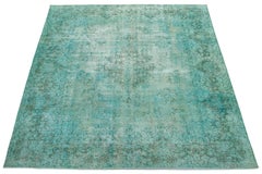 Room Size Antique Overdyed Persian Wool Rug With Medallion Design In Light Green