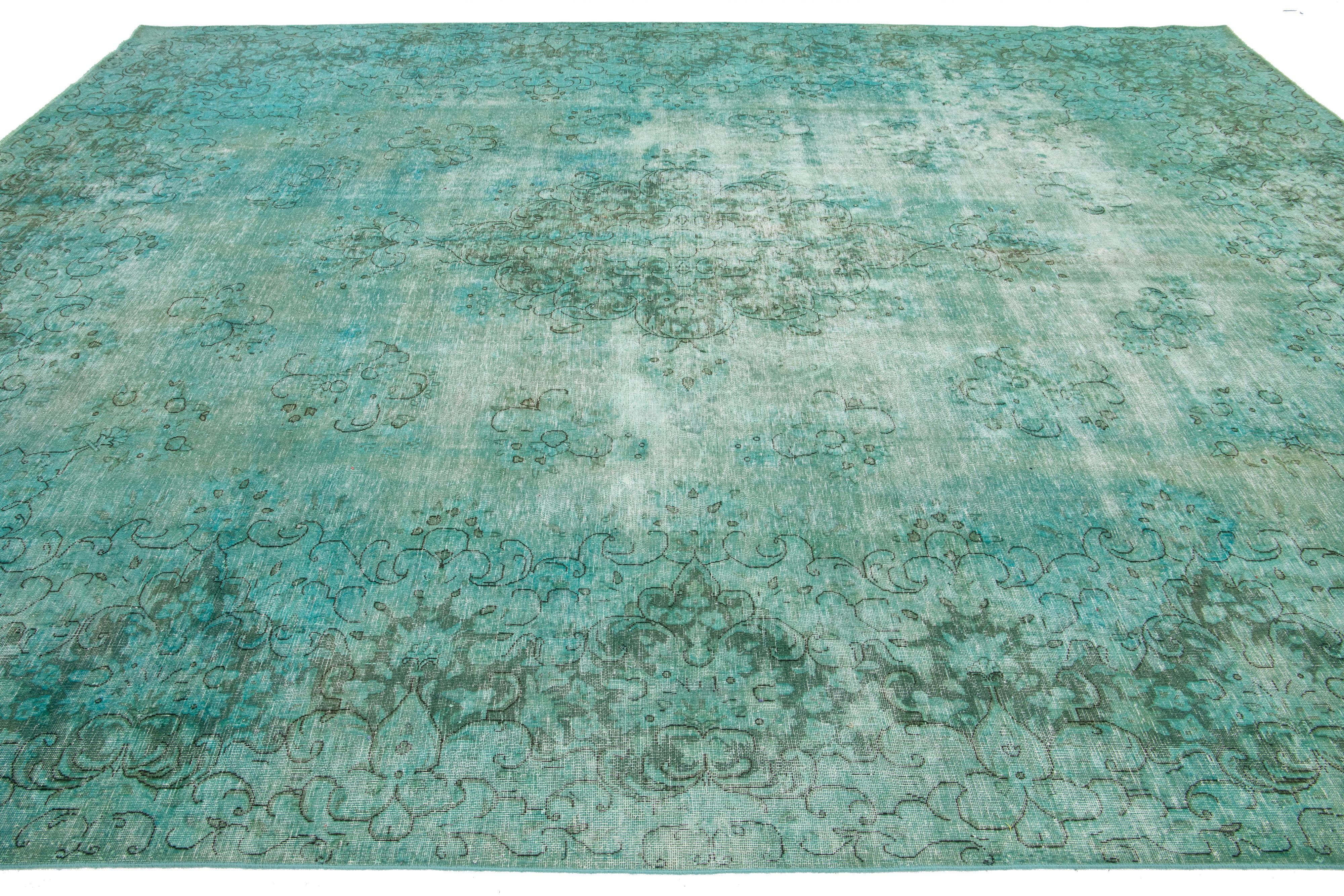 20th Century Room Size Antique Overdyed Persian Wool Rug With Medallion Design In Light Green For Sale