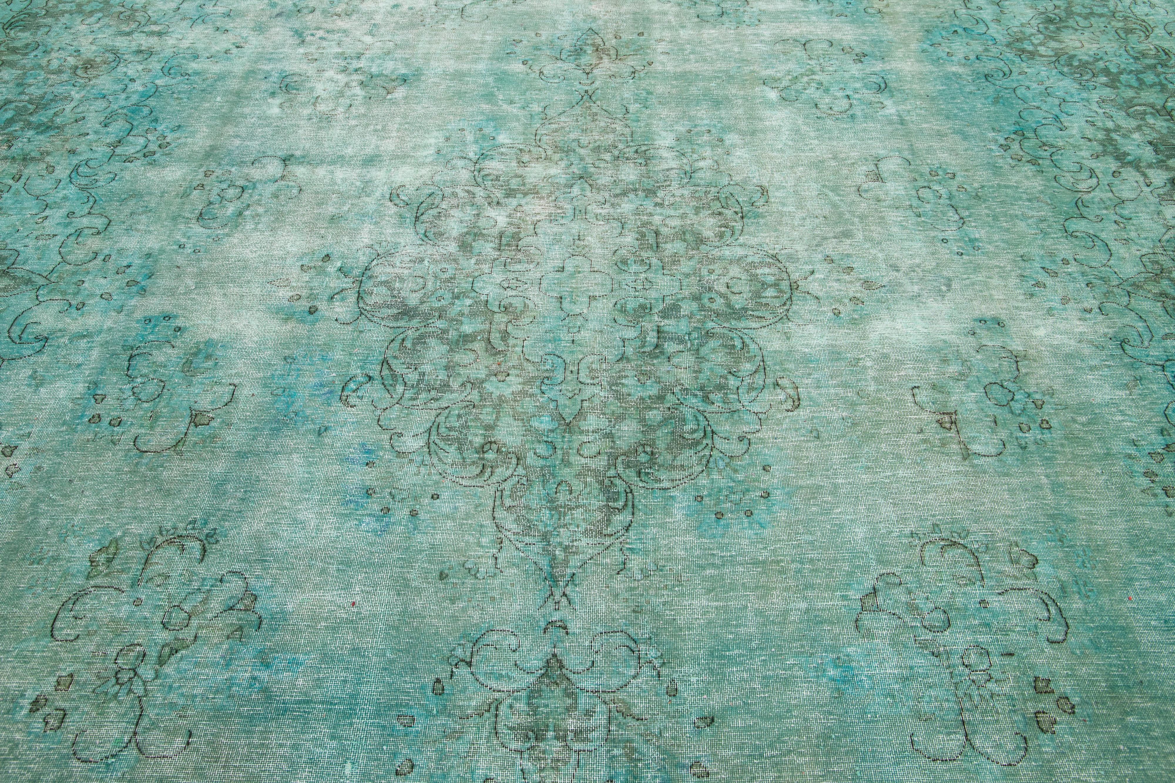 Room Size Antique Overdyed Persian Wool Rug With Medallion Design In Light Green For Sale 2
