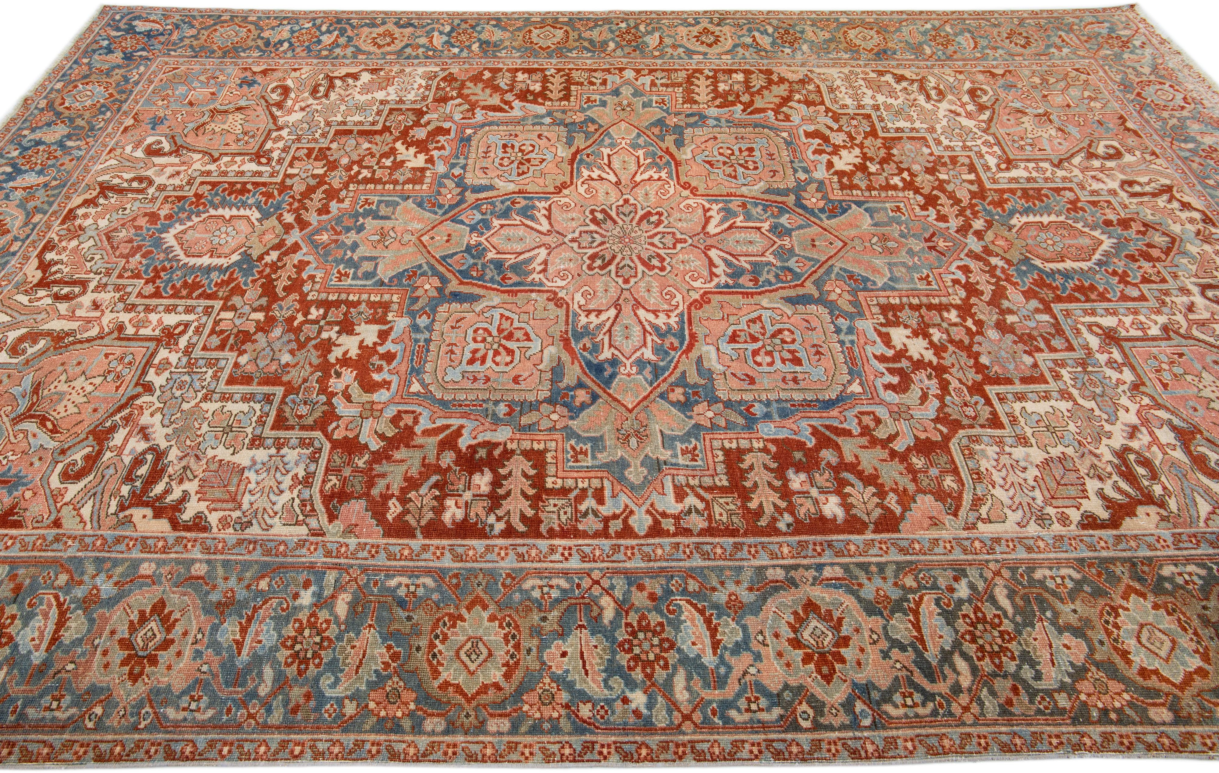 Hand-Knotted Room Size Antique Persian Heriz Handmade Medallion Wool Rug in Rust For Sale
