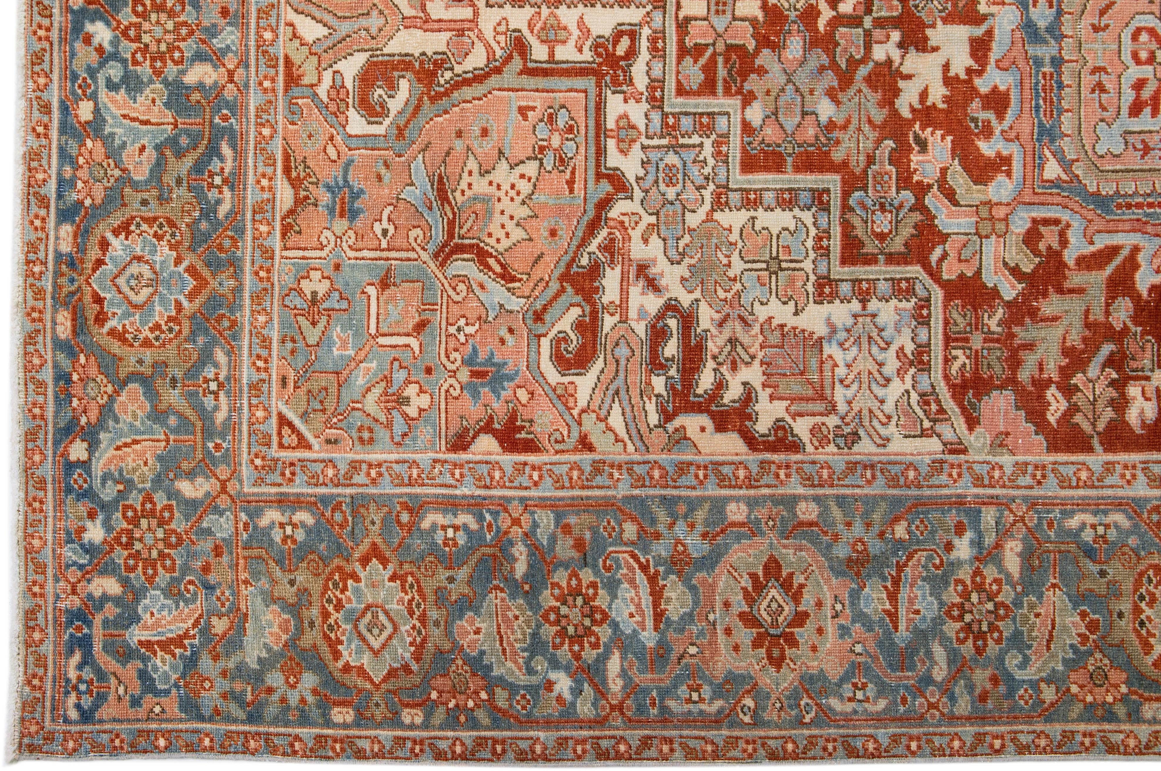 Room Size Antique Persian Heriz Handmade Medallion Wool Rug in Rust In Good Condition For Sale In Norwalk, CT