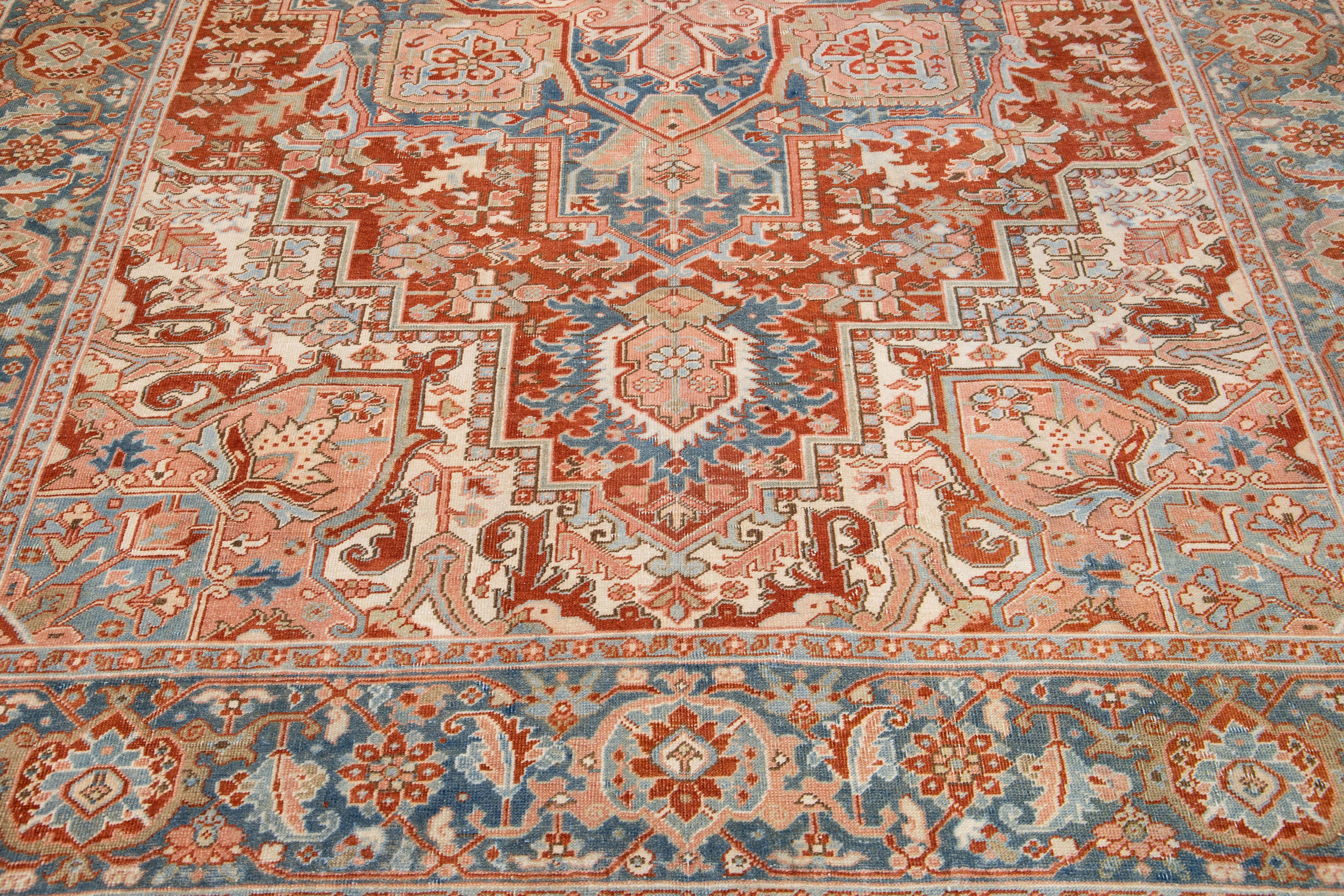Early 20th Century Room Size Antique Persian Heriz Handmade Medallion Wool Rug in Rust For Sale