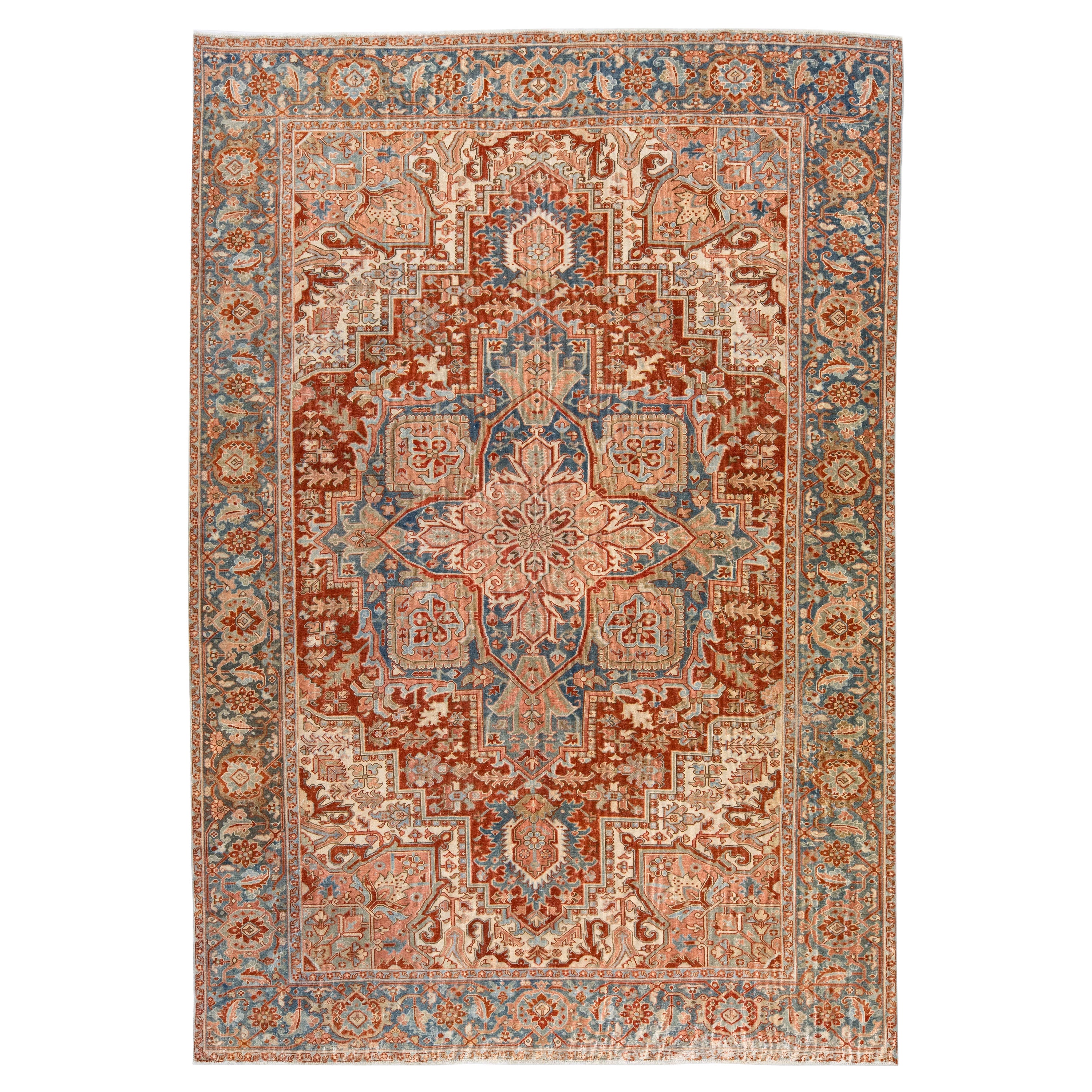 Tapis persan ancien Heriz en laine médaillon fait à la main en rouille de taille normale