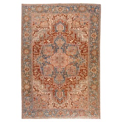 Tapis persan ancien Heriz en laine médaillon fait à la main en rouille de taille normale