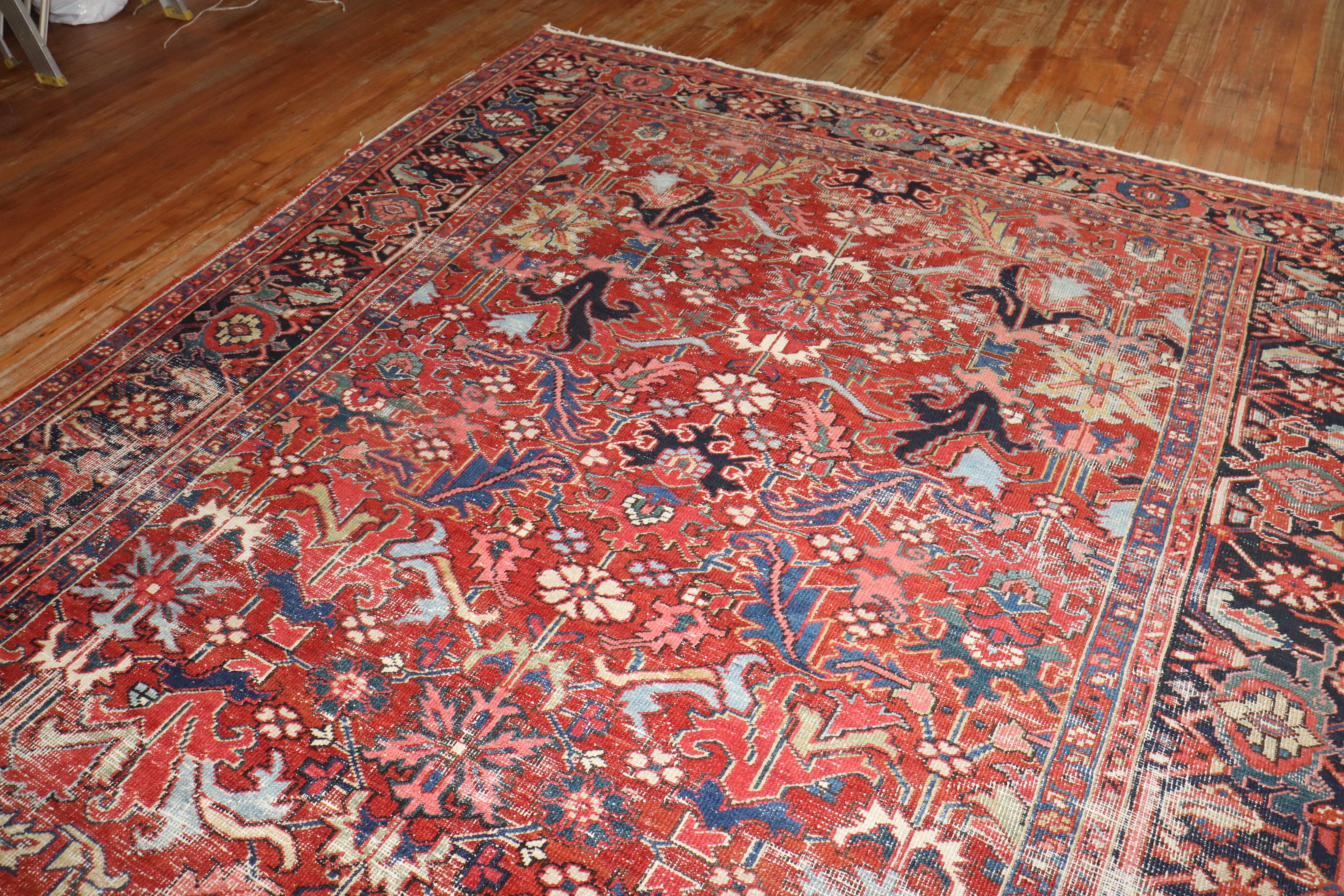 Zabihi Collection Worn Room Size Antique Persian Heriz Rug 3
