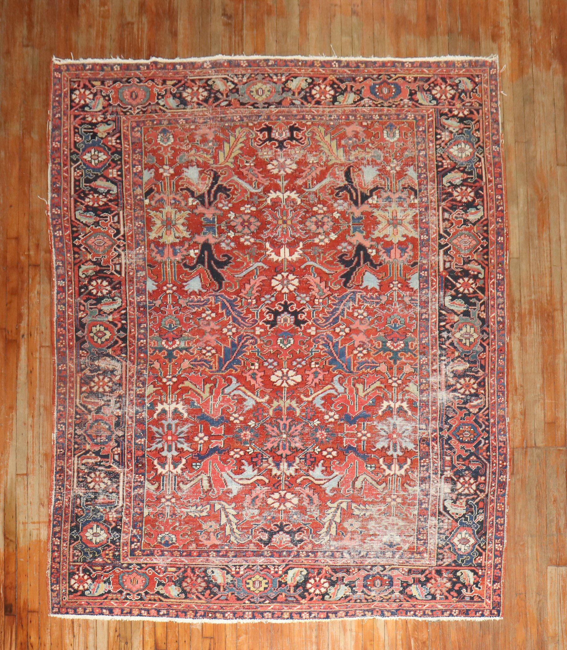 Zabihi Collection Worn Room Size Antique Persian Heriz Rug 4