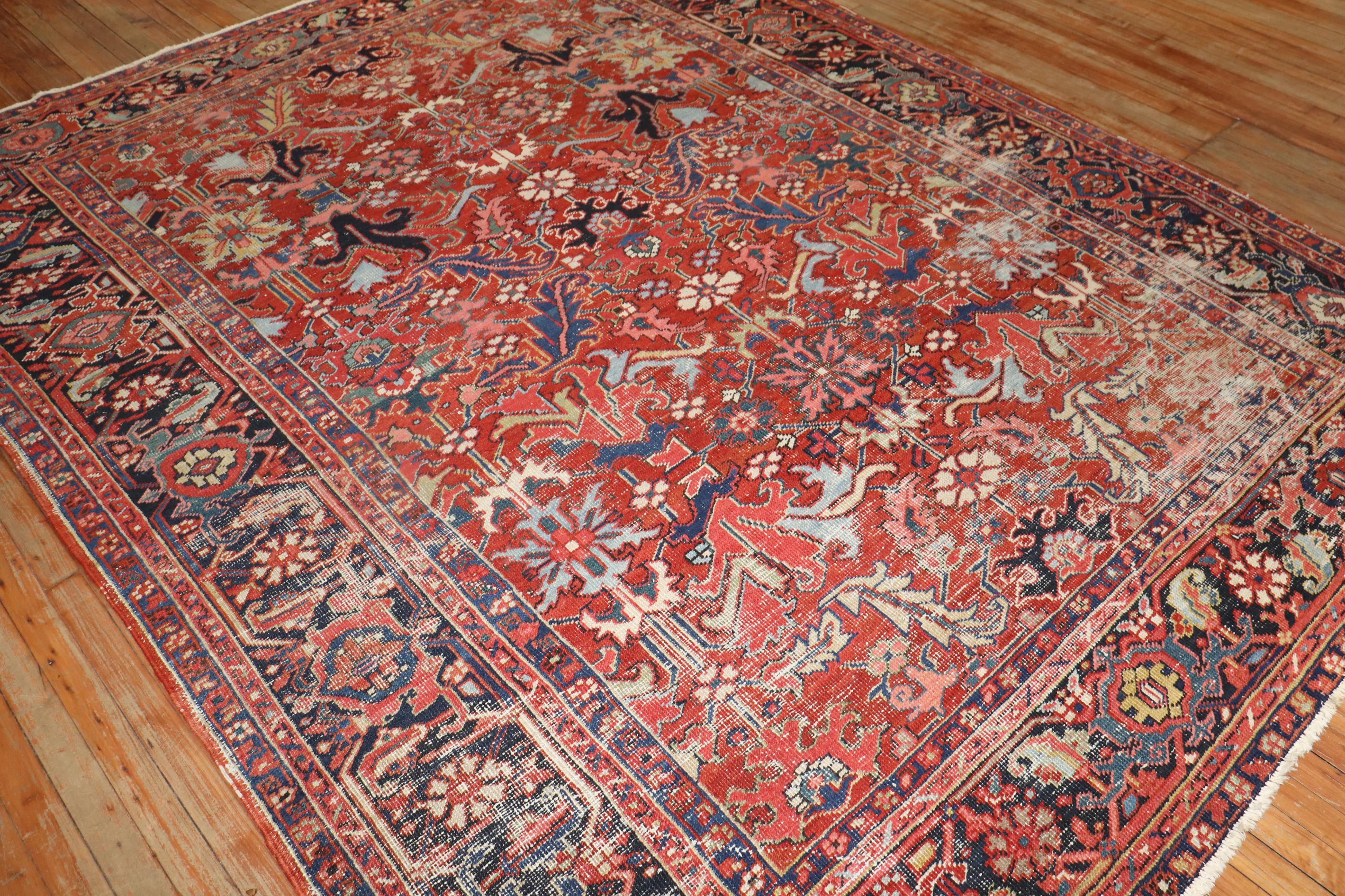 Hand-Woven Zabihi Collection Worn Room Size Antique Persian Heriz Rug