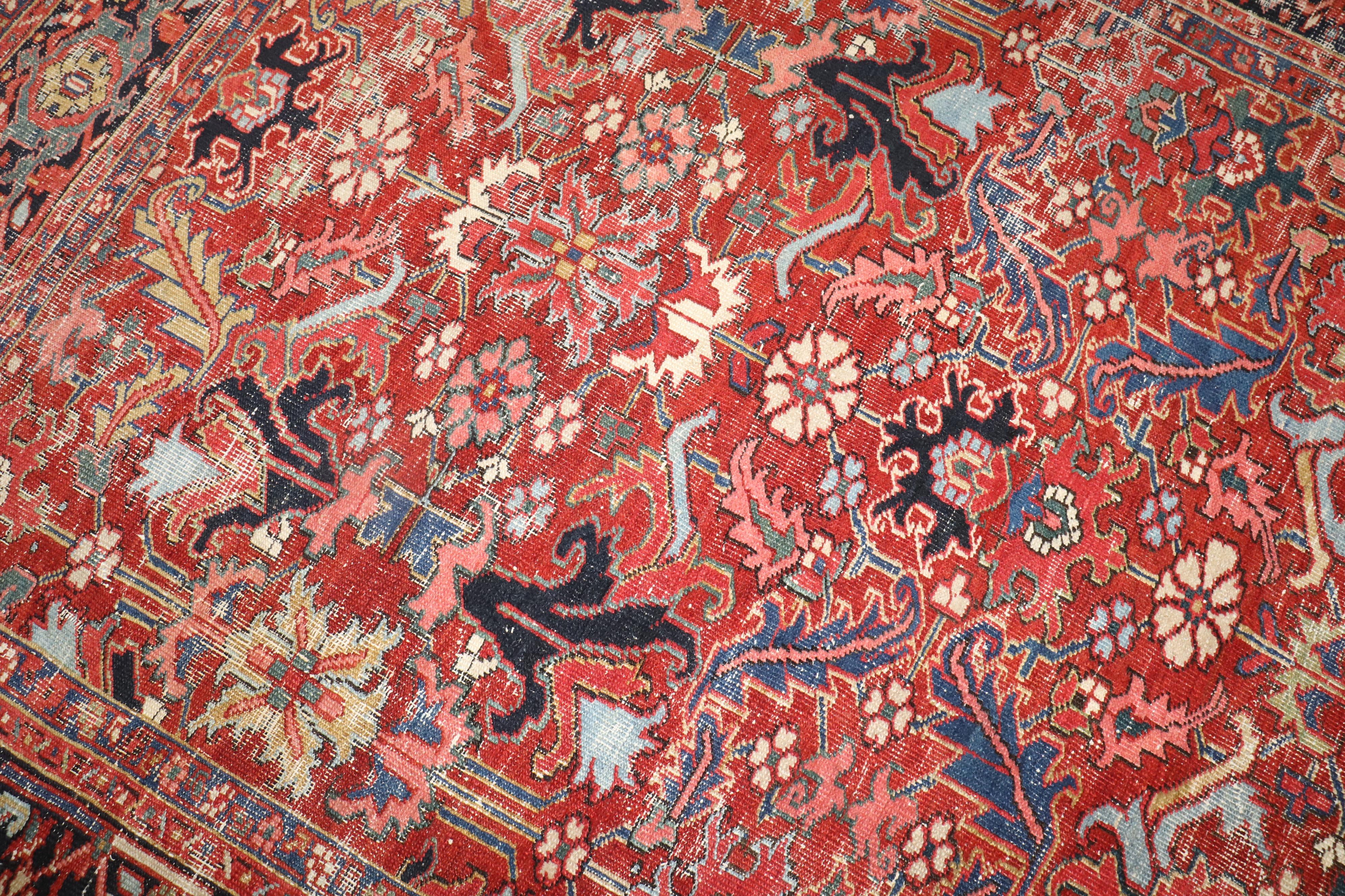 Zabihi Collection Worn Room Size Antique Persian Heriz Rug 1