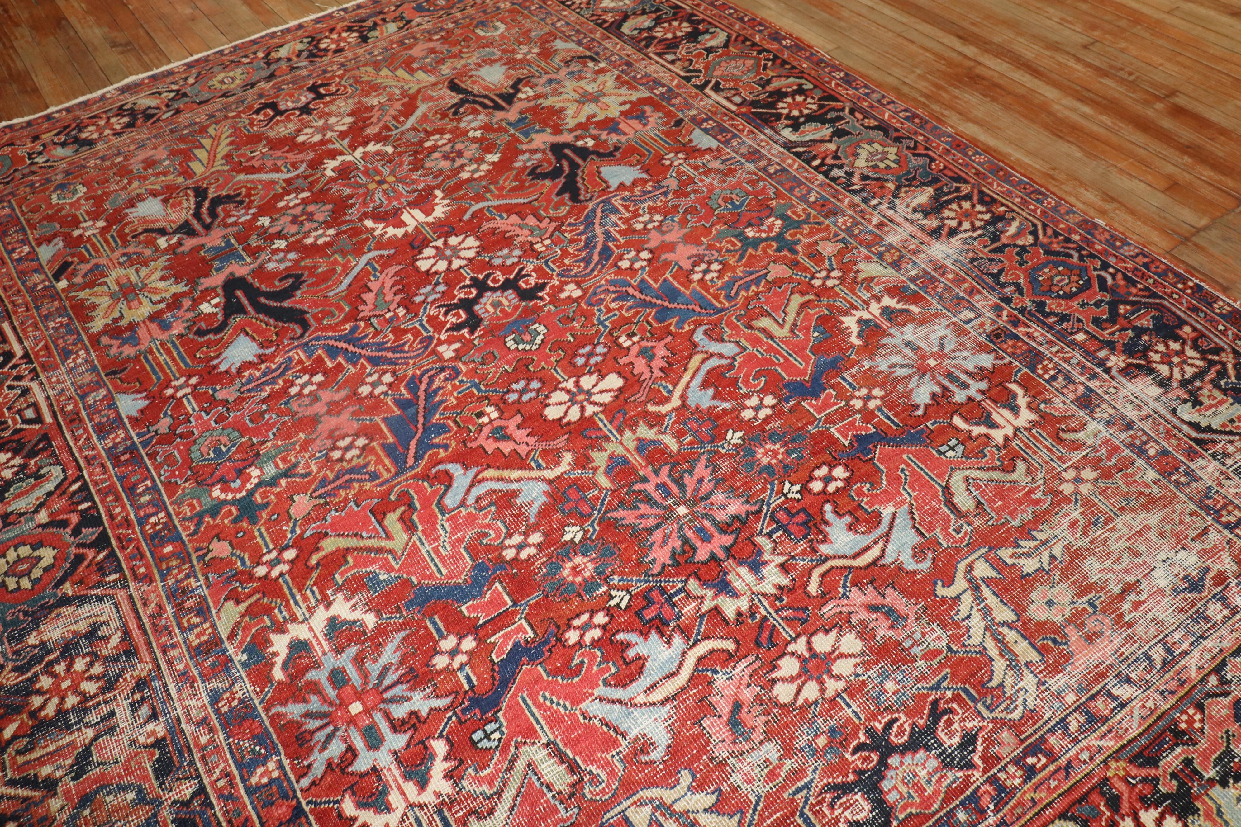 Zabihi Collection Worn Room Size Antique Persian Heriz Rug 2