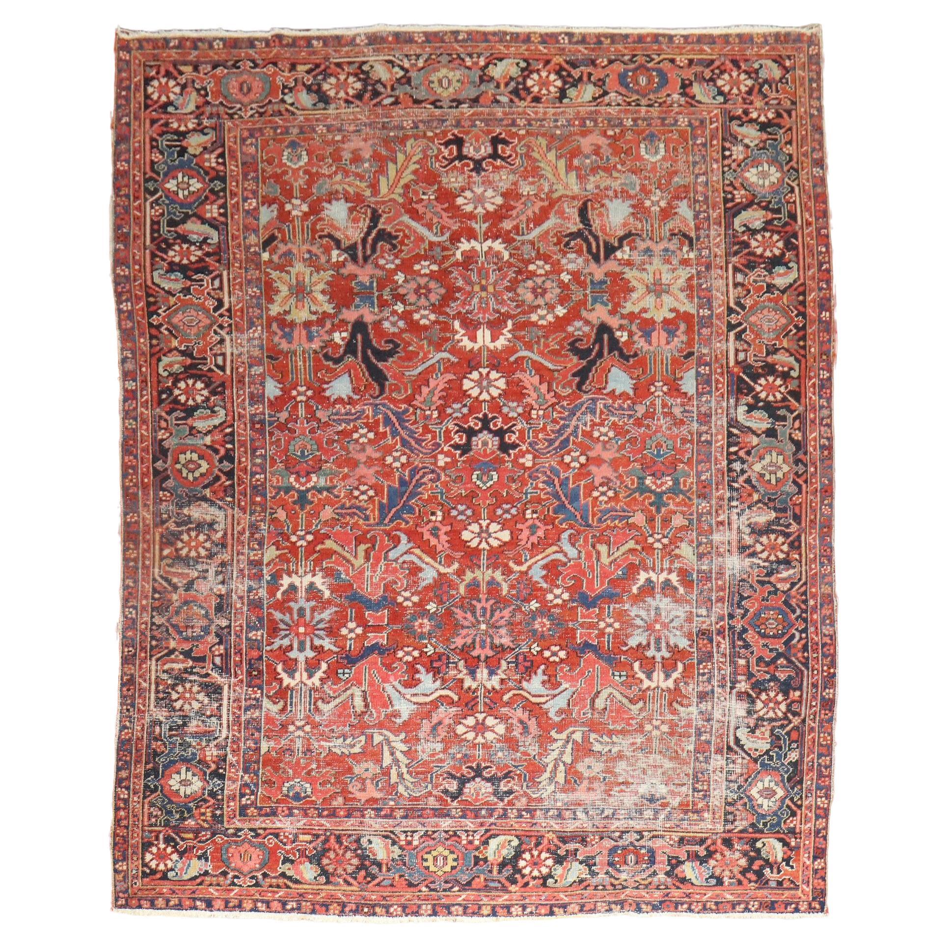 Zabihi Collection Worn Room Size Antique Persian Heriz Rug