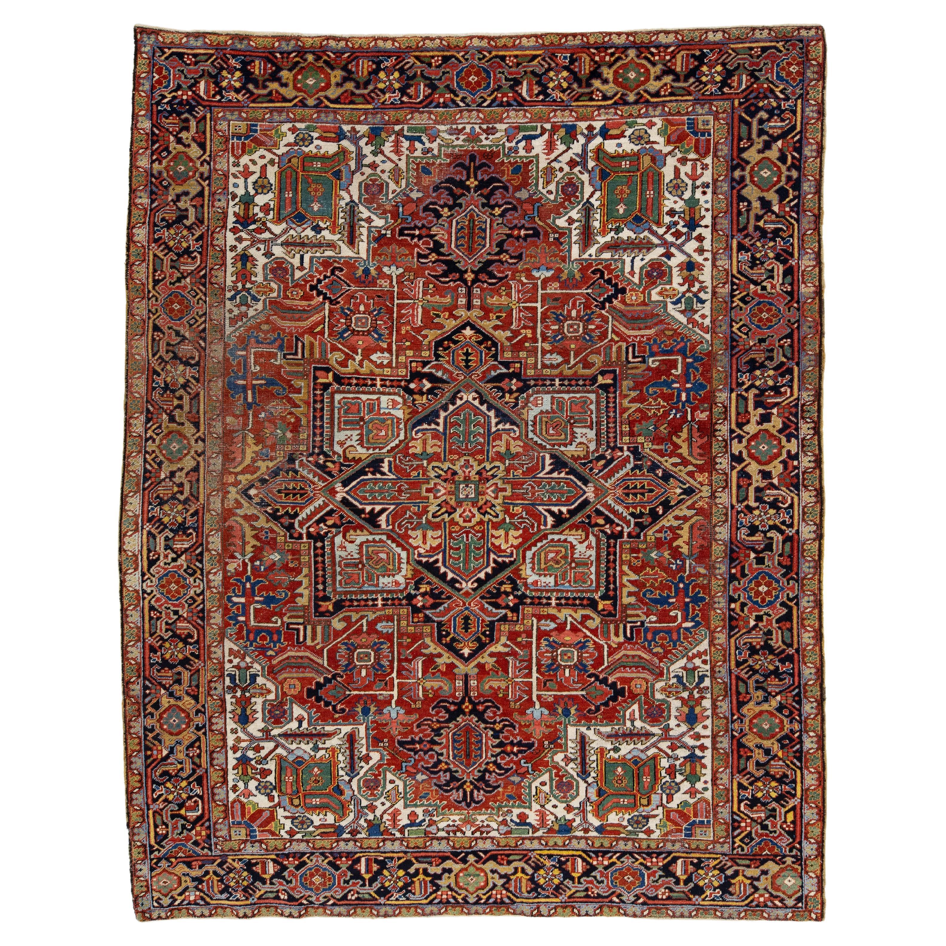 Tamaño de la habitación Alfombra persa antigua de lana Heriz con diseño de medallón multicolor