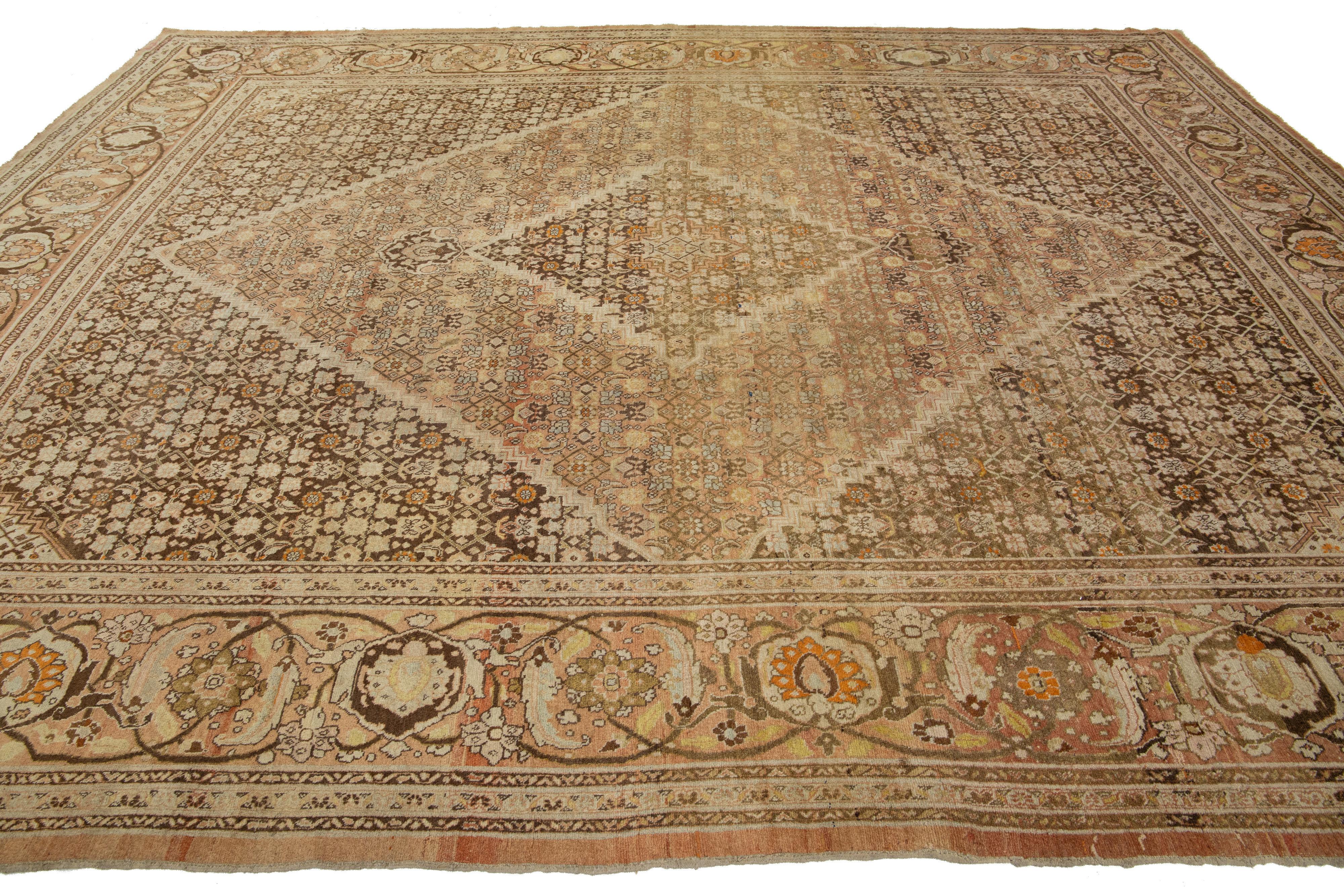 XX secolo Tappeto antico Tabriz persiano in lana marrone del '900, dimensioni della stanza in vendita