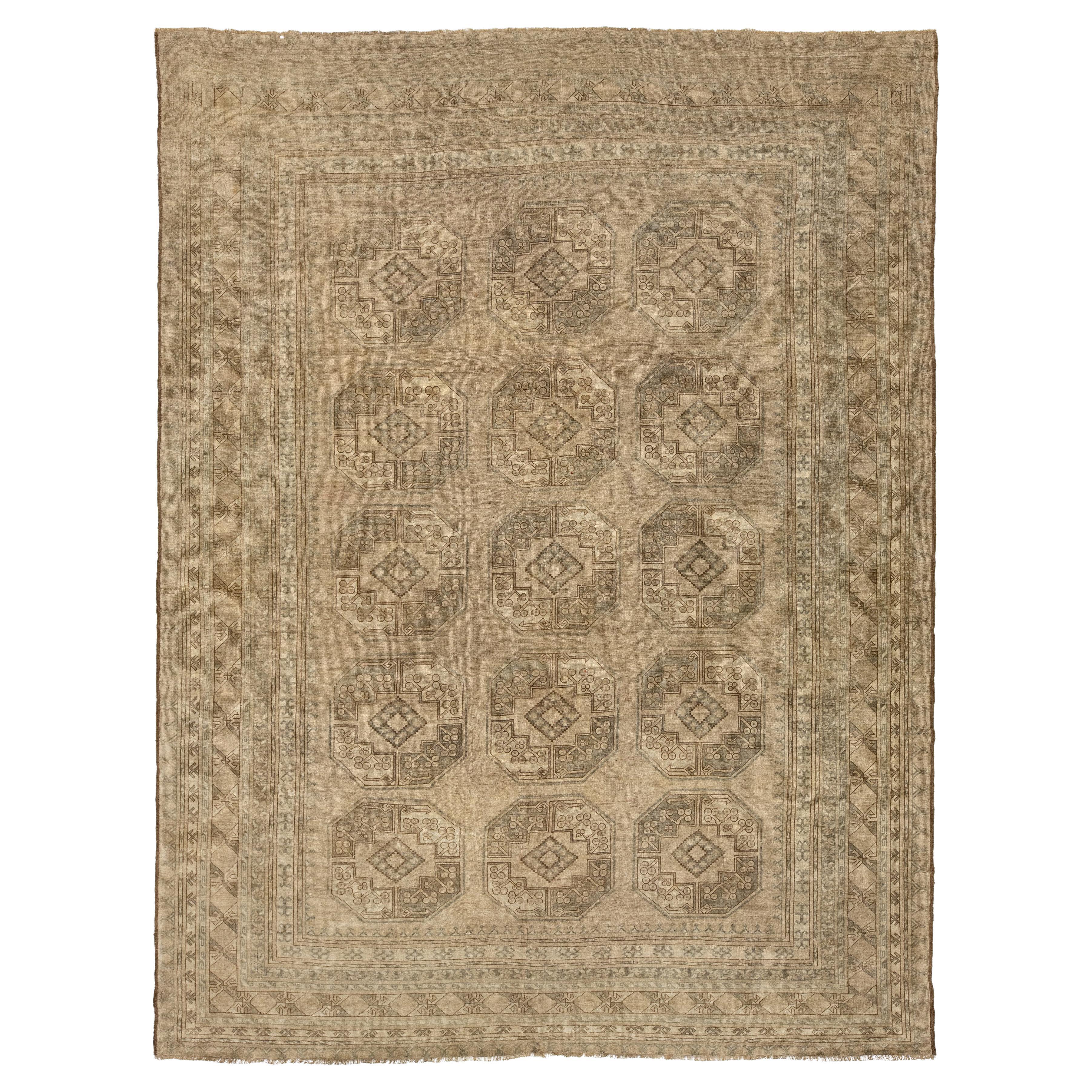 Room Size Antique Turkmen Persian Wool In Beige Rug with Geometric Design