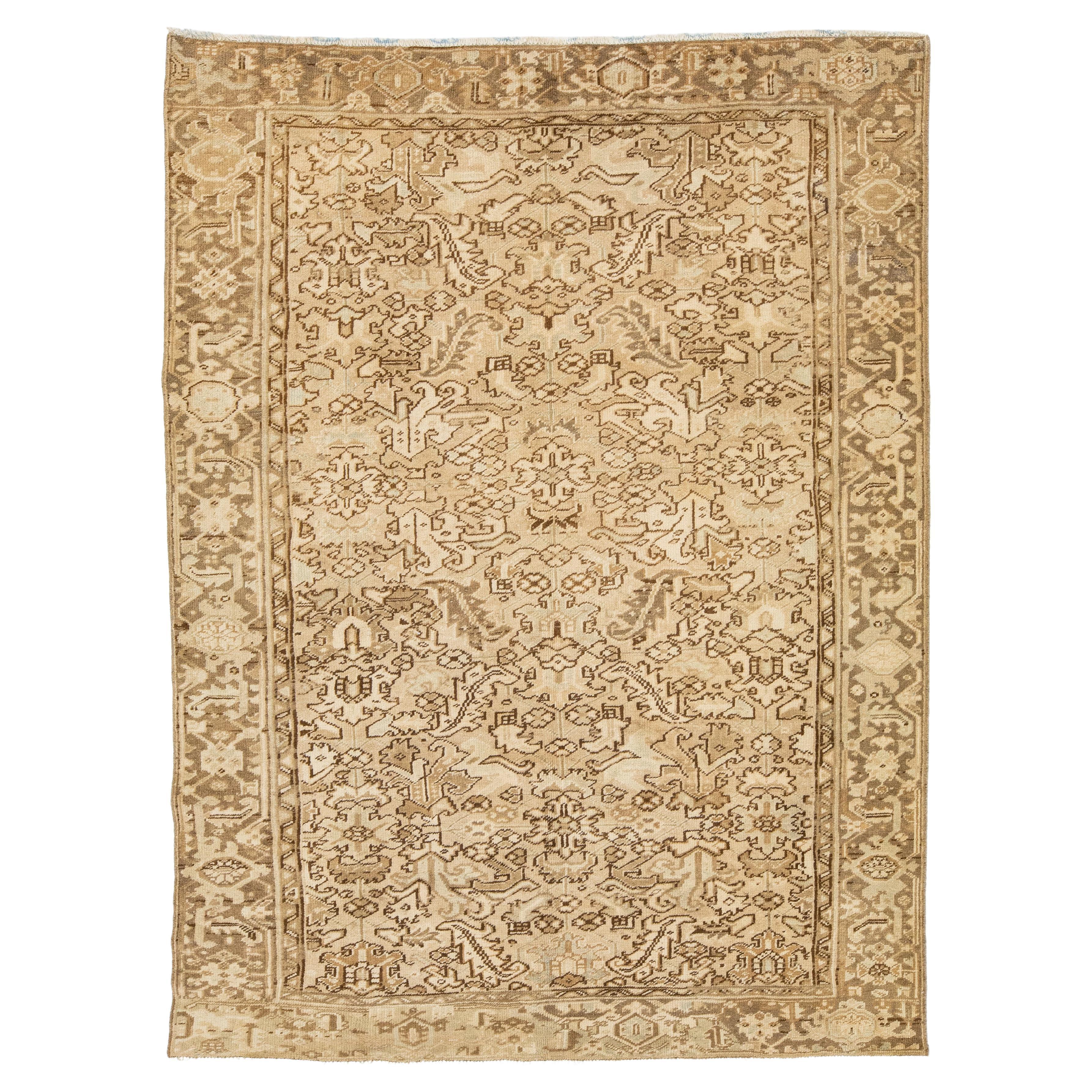 Room Size Beige Persian Heriz Wool Rug Antique With Allover Motif