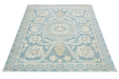 Tamaño de la habitación Alfombra moderna de lana azul estilo Oushak con motivo de rosetas