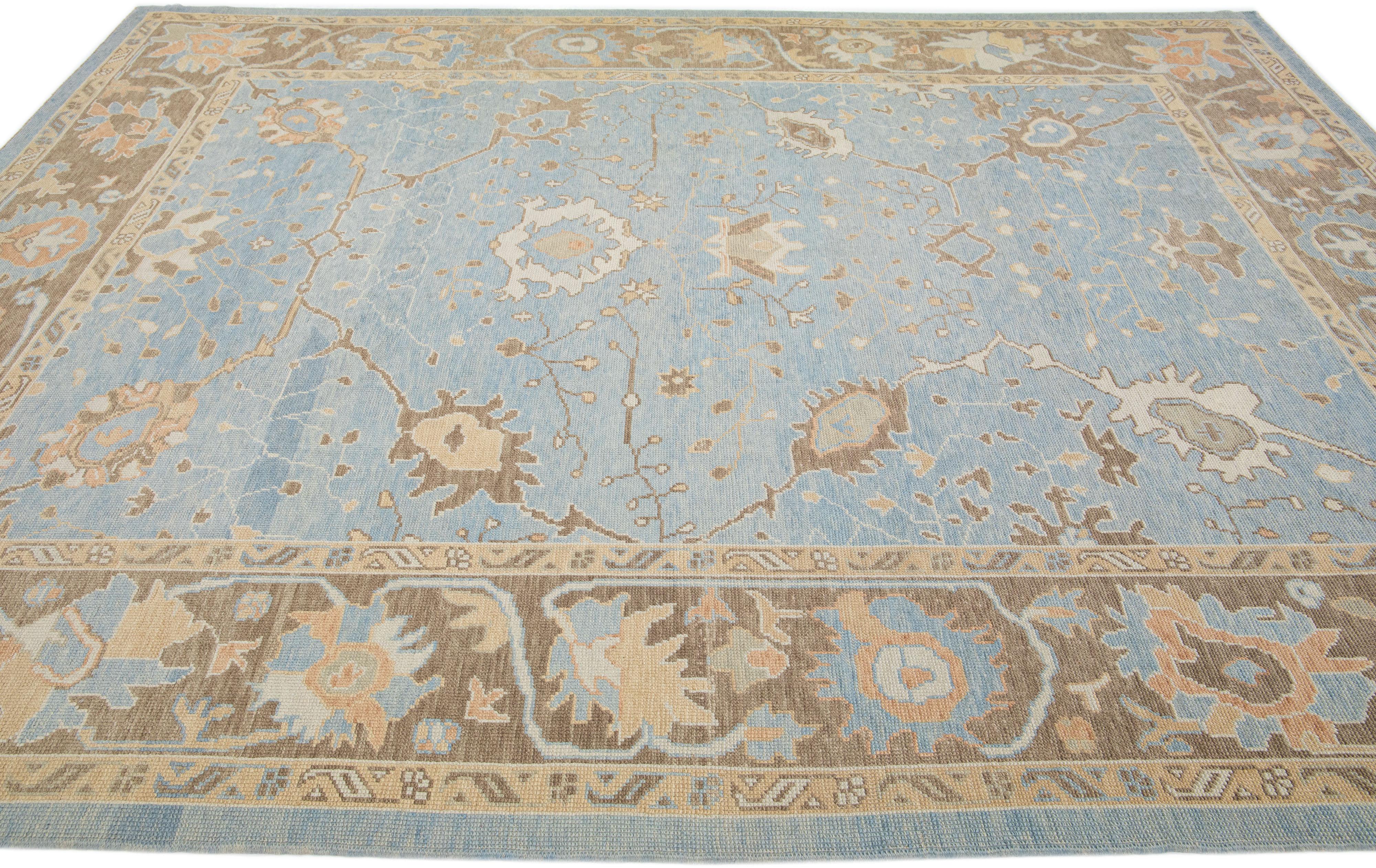 Room Size Blue Modern Turkish Oushak Handmade Wool Rug In New Condition For Sale In Norwalk, CT